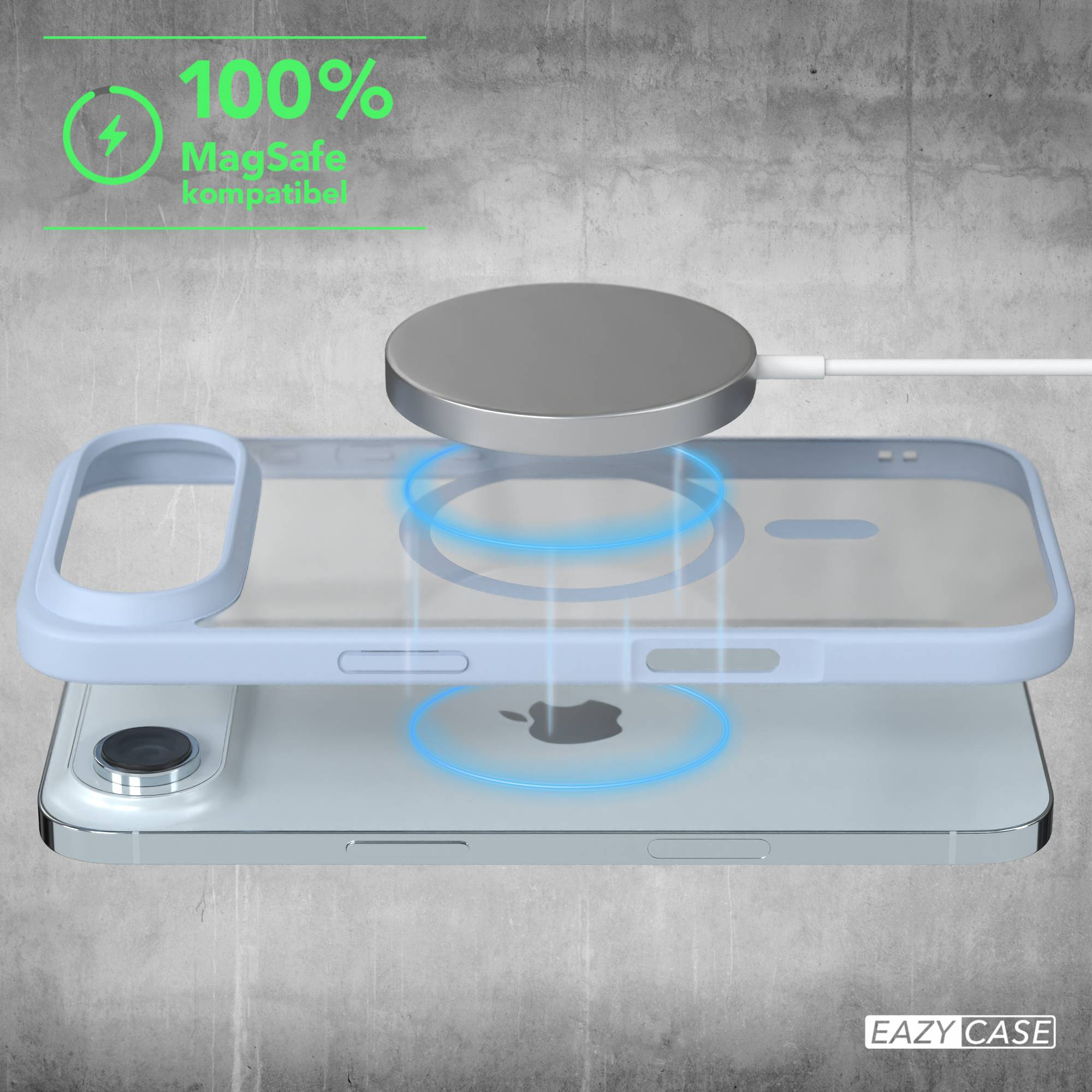 Telefon mit Hülle und Ladegerät. Blaue MagSafe-Hülle und Ladekreis.