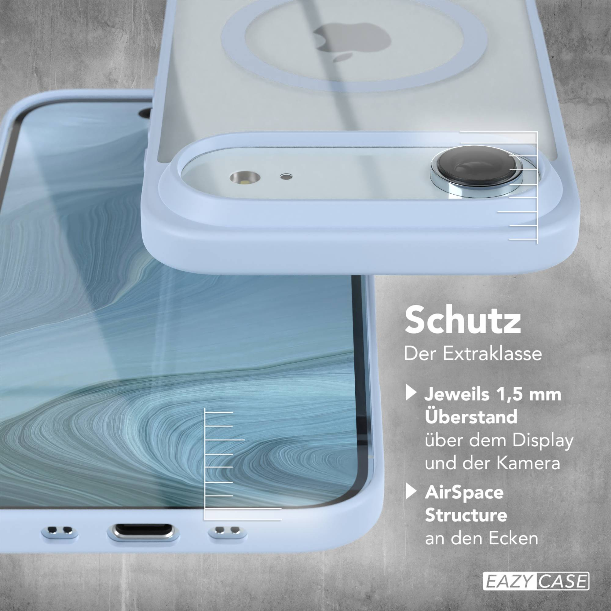 Eine hellblaue Handyhülle mit Apple-Logo. Die Hülle befindet sich auf grauem Hintergrund. Text: Schutz, EAZY CASE.