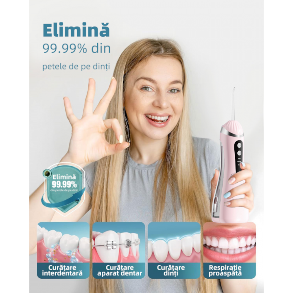 Eine lächelnde Frau hält einen rosa Zahnirrigator. Der Text besagt, dass er 99,99 % der Flecken entfernt. Symbole zeigen verschiedene Reinigungsarten.