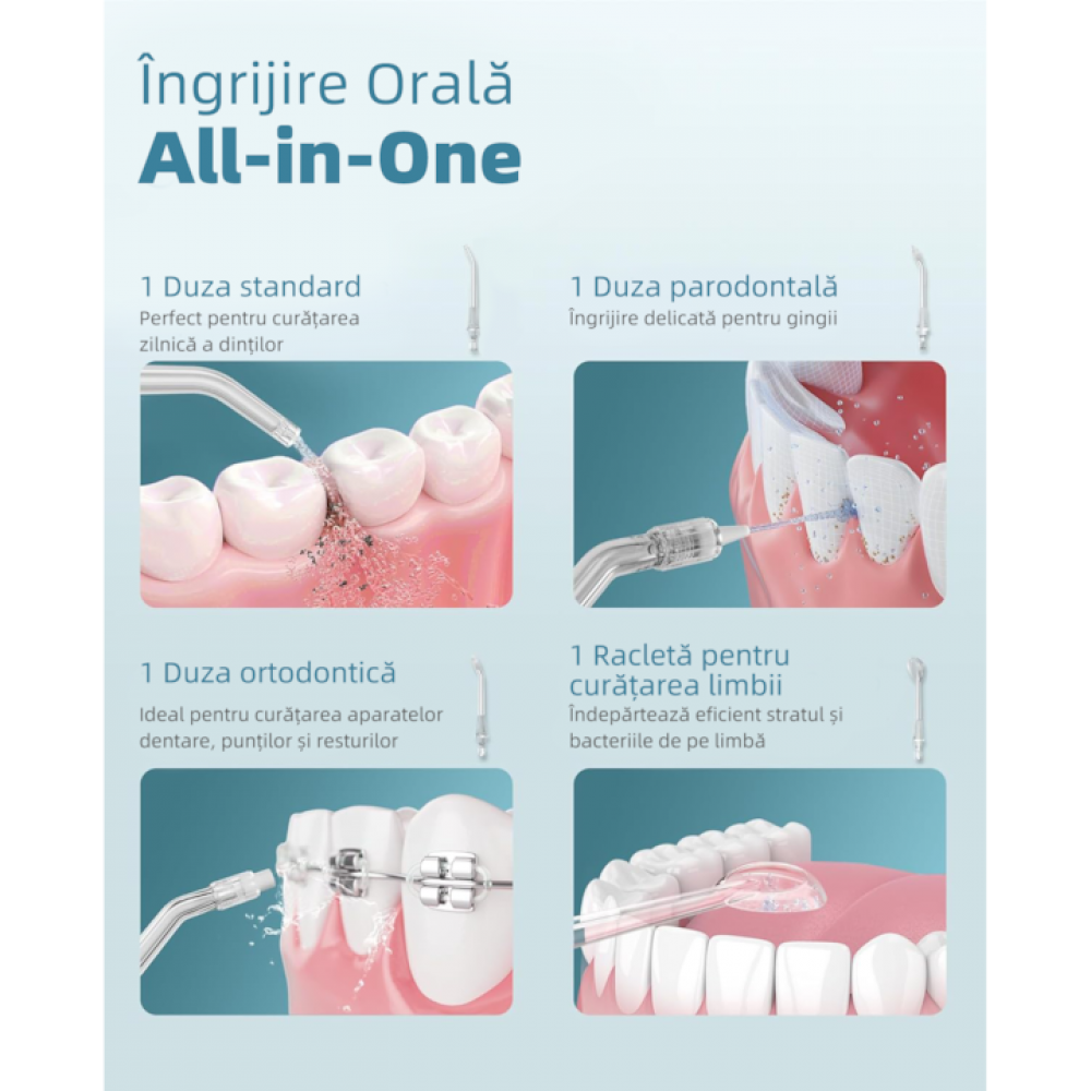 Eine Illustration, die Mundpflege-Tools zeigt. Enthält eine Standarddüse, eine parodontale Düse, eine orthodontische Düse und einen Zungenschaber.