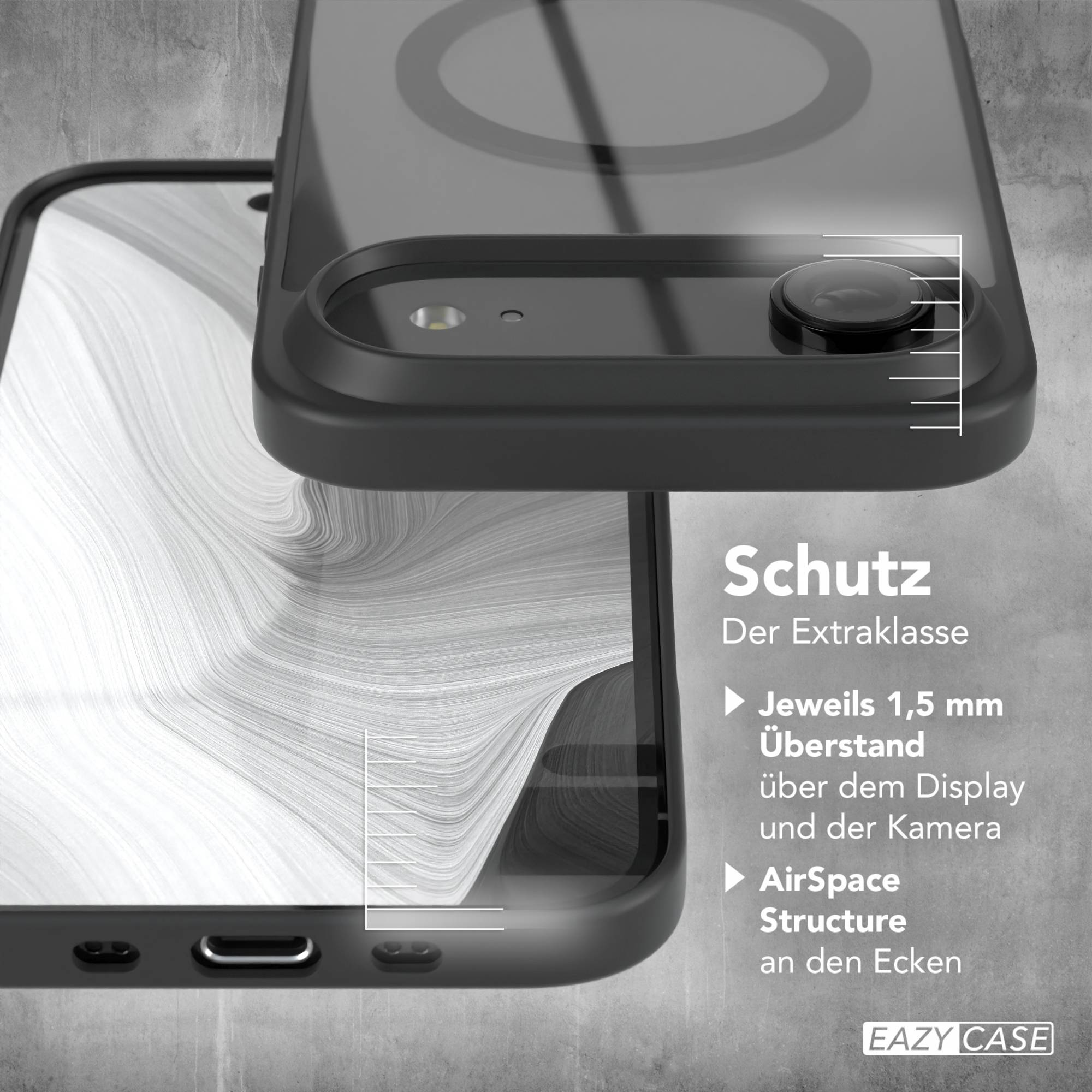 Gezeigte Handyhülle mit Telefon. Die schwarze Hülle hat Schutzeigenschaften. Text rechts.