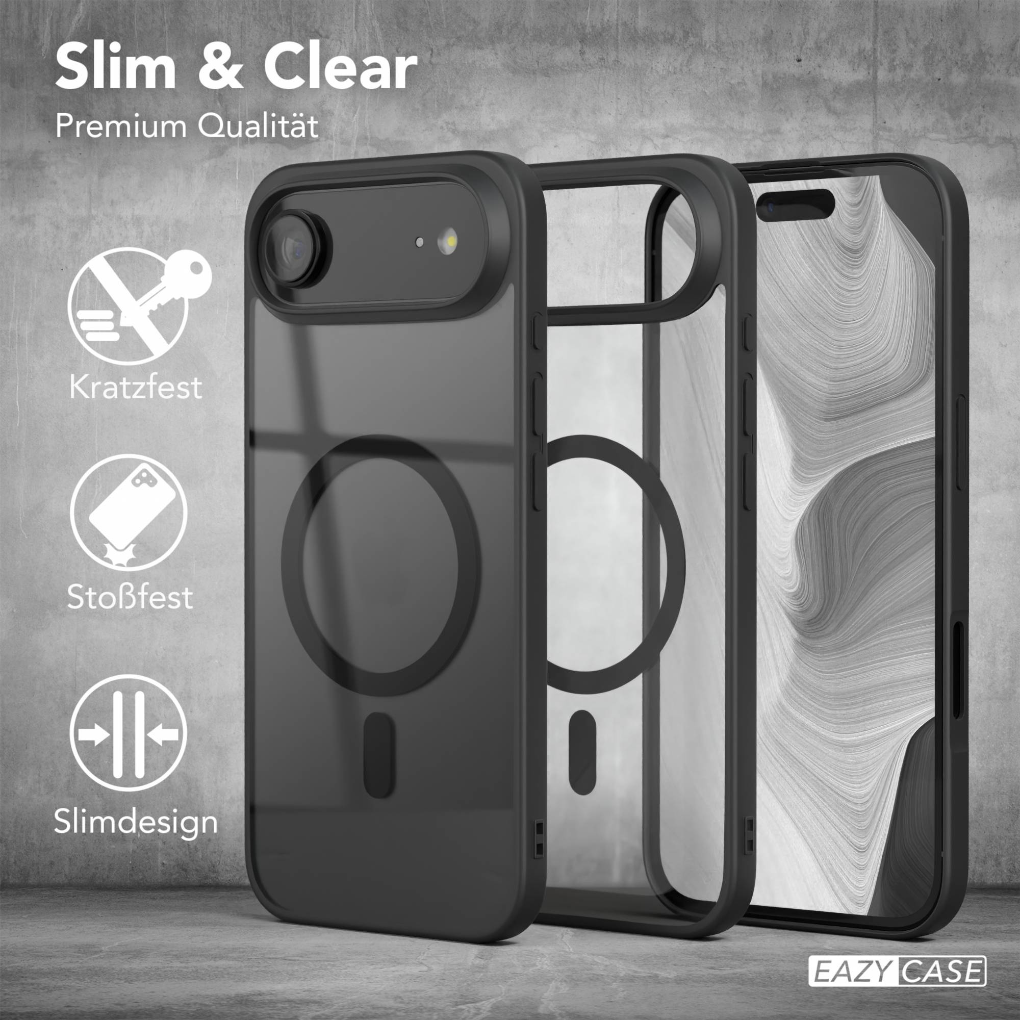 Drei Handyhüllen: eine klare, zwei schwarze. Merkmale sind Slim & Clear, kratzfest, stoßfest und schlankes Design.