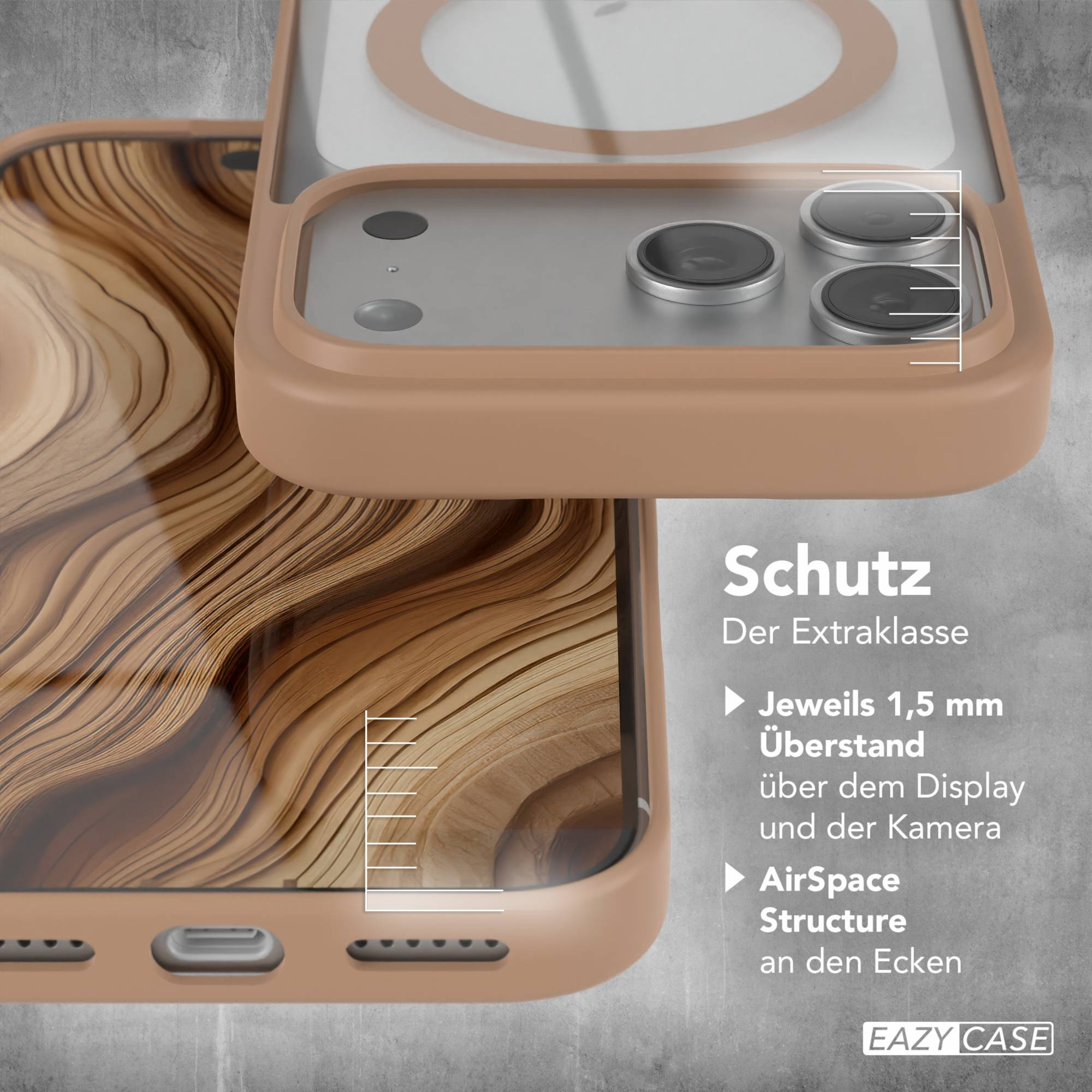 Handyhülle mit Holzmaserung, Kameraausschnitten. Text hebt Schutzfunktionen hervor. Beige Töne dominieren.