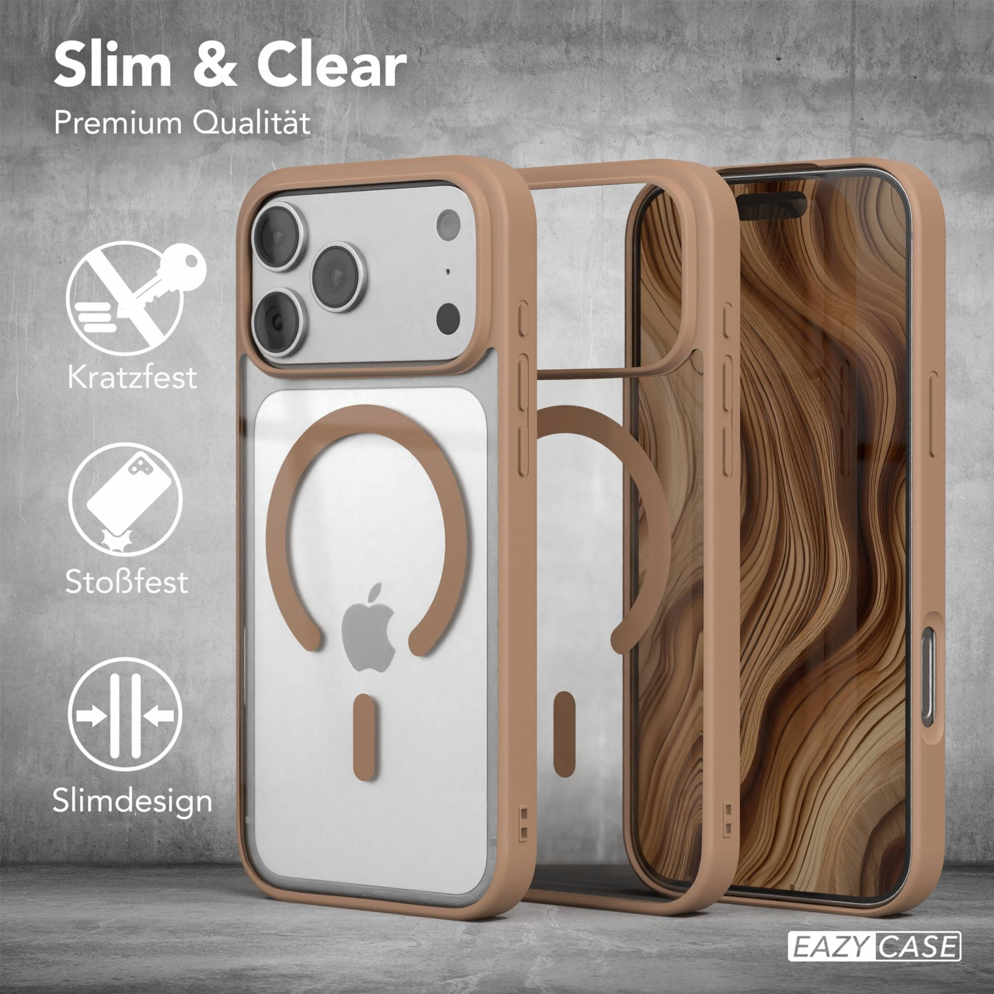 Drei Handyhüllen: eine mit Telefon, zwei klare Hüllen. Text: Slim & Clear. Icons. Farben: Beige, Klar, Silber, Grau.