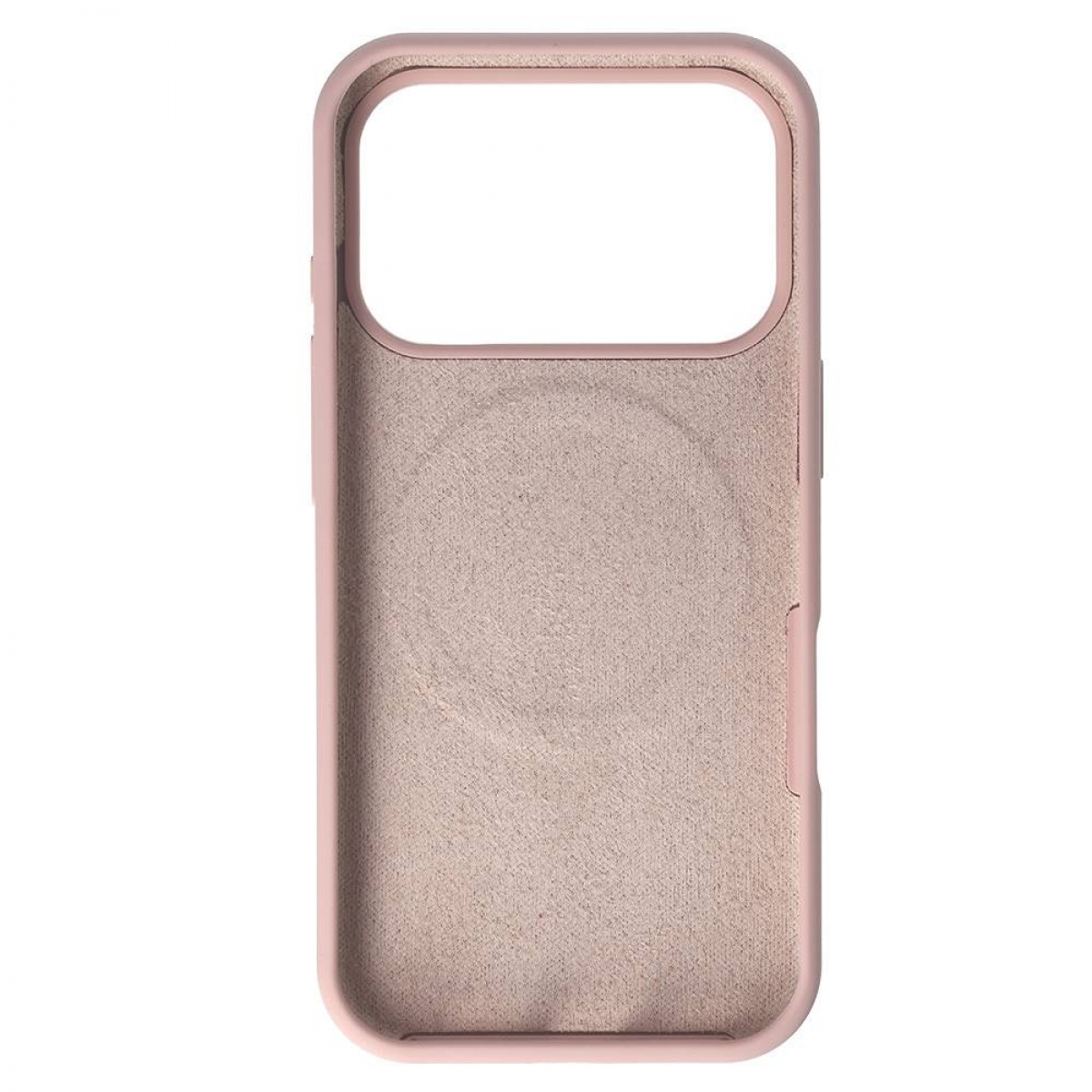Nahaufnahme einer rosa Handyhülle. Sie hat einen Kameraausschnitt, eine strukturierte Innenseite und einen erhöhten Rand.