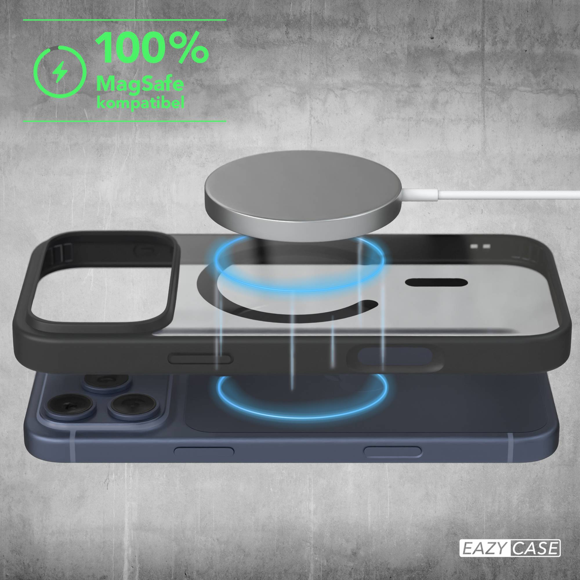 Ein Handycase und ein Ladegerät werden gezeigt. Das Case ist schwarz und das Telefon blau. Text sagt 100% MagSafe.
