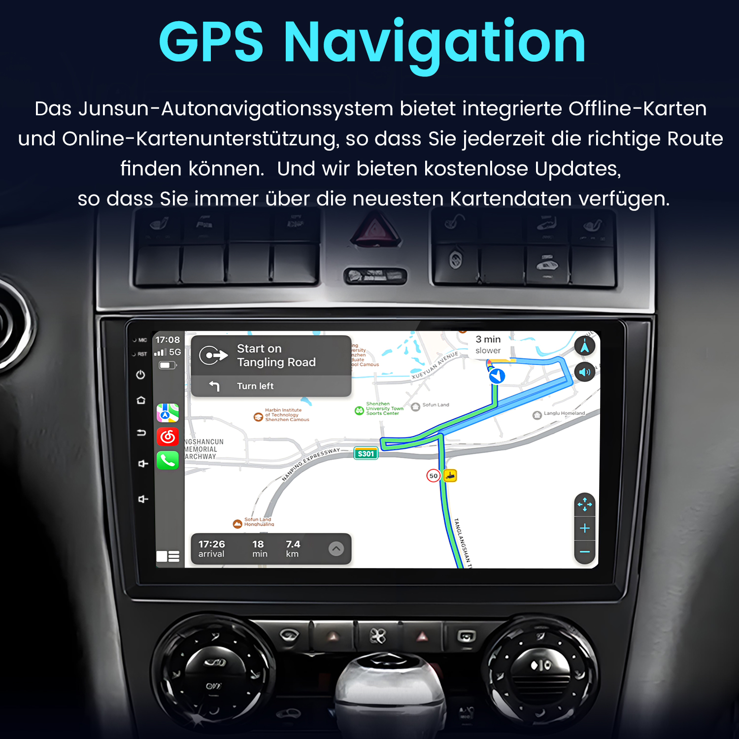 Deska rozdzielcza samochodu z nawigacją GPS. Ekran wyświetla mapę z trasą i informacjami o jeździe.