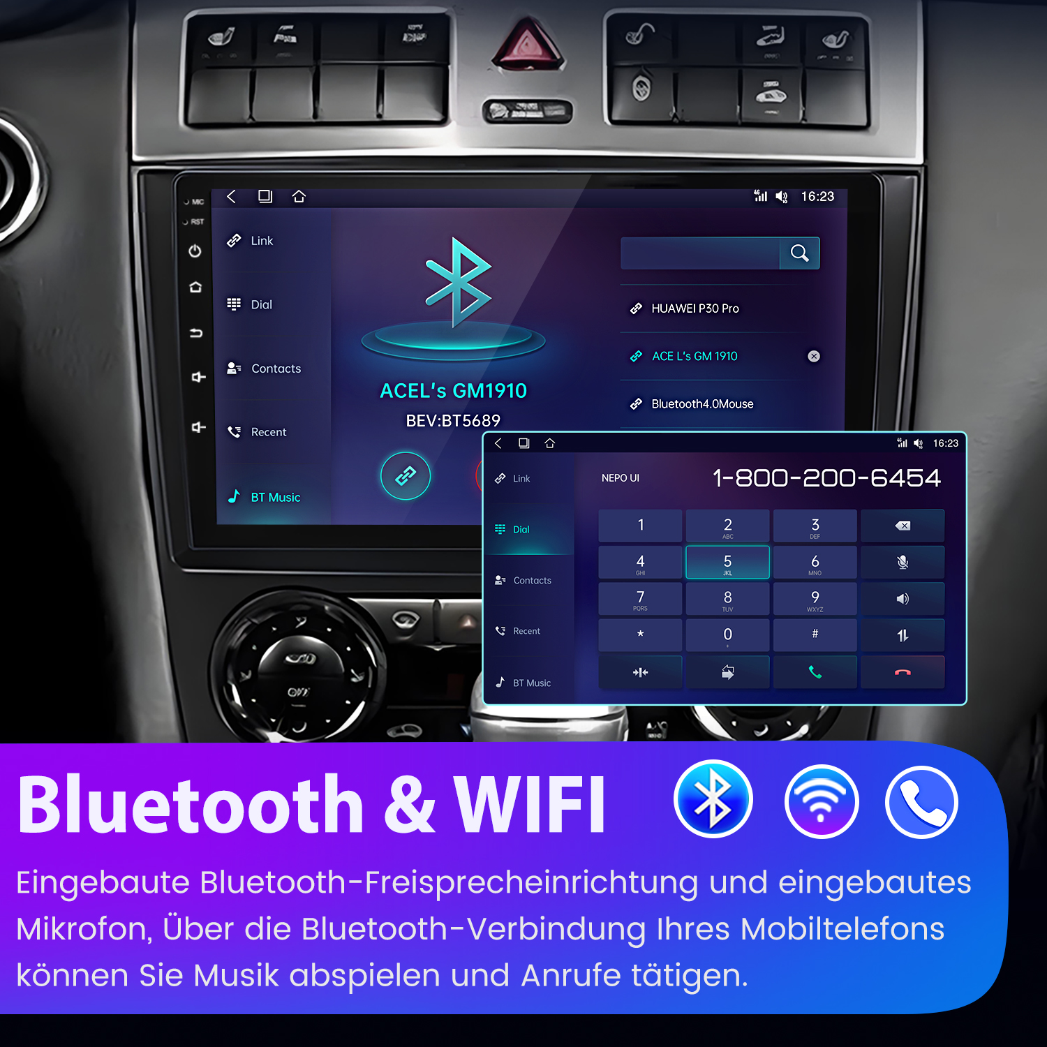Autoradio-Bildschirm mit Bluetooth- und WLAN-Funktionen, mit Ziffernblock und Telefoneinstellungen.