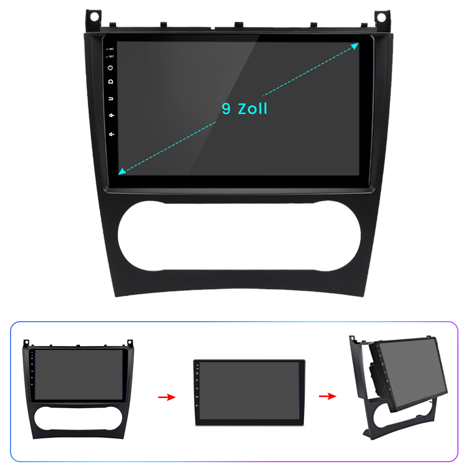 Ein schwarzes Auto-Multimedia-System mit 9-Zoll-Bildschirm. Unten sind drei Bilder mit Installationsschritten.