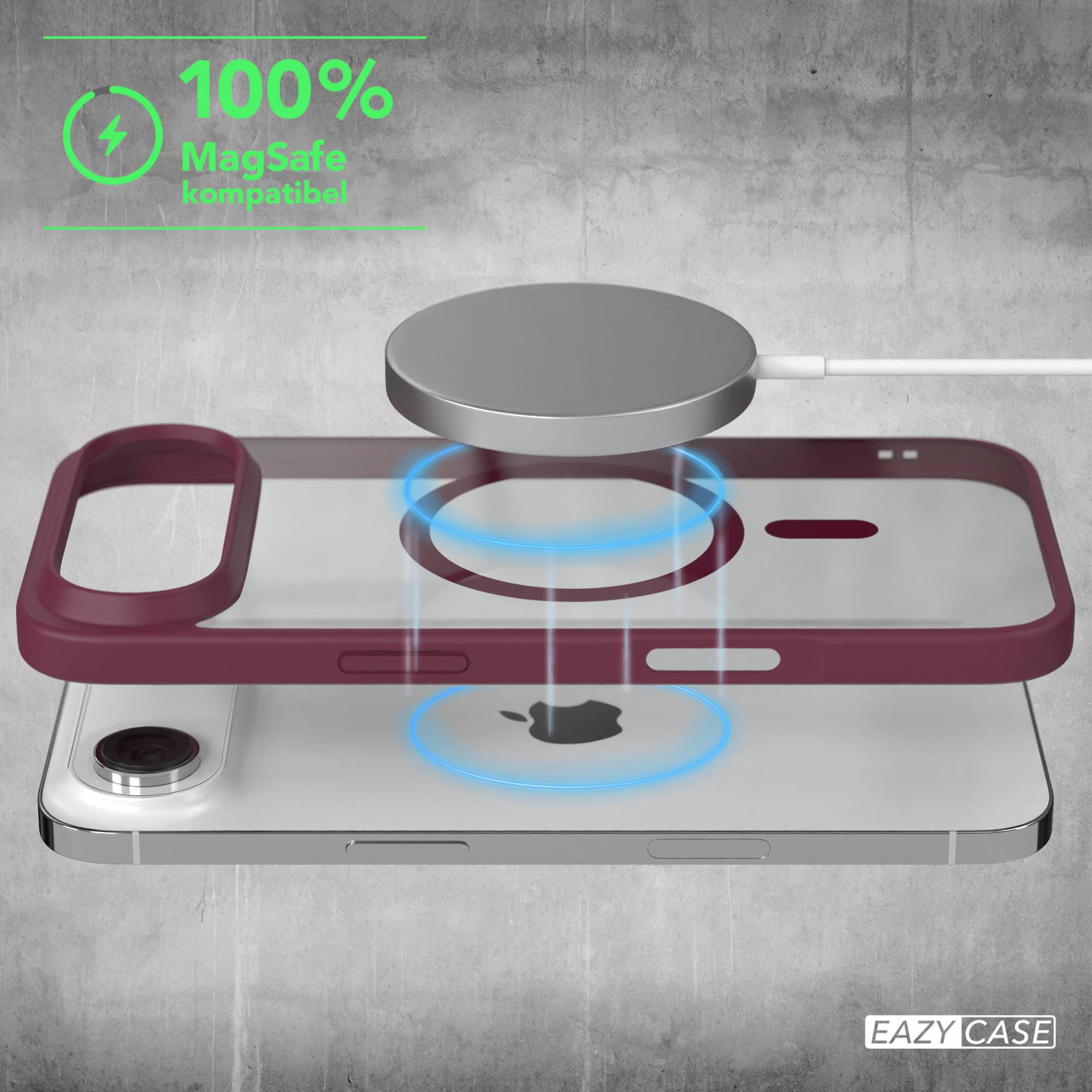 Telefon mit MagSafe-Ladegerät. 100 % Ladeanzeige. Hülle ist rot. Grauer Hintergrund. Eazy Case Logo.