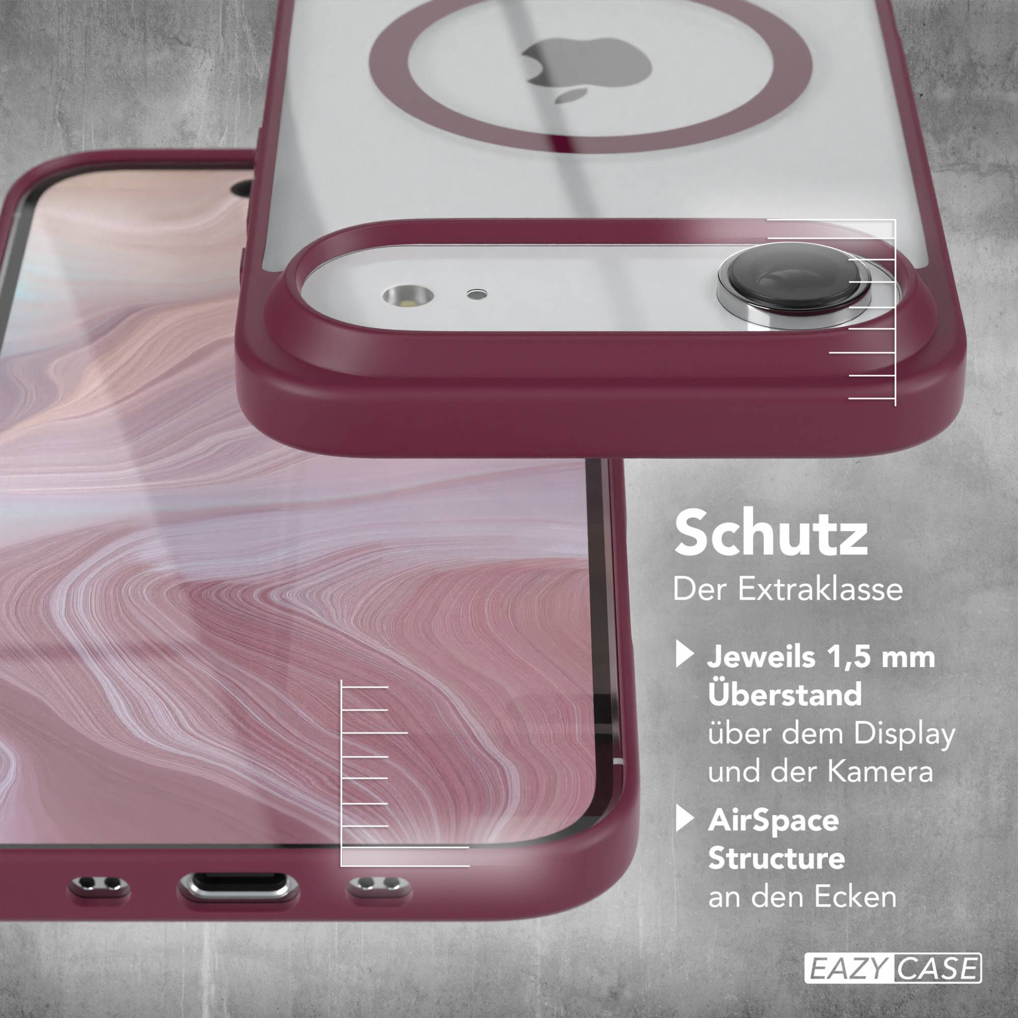 Eine Handyhülle, bordeauxroter Rahmen, transparente Rückseite. Mit Schutz, AirSpace-Struktur und 1,5 mm Displayschutz.