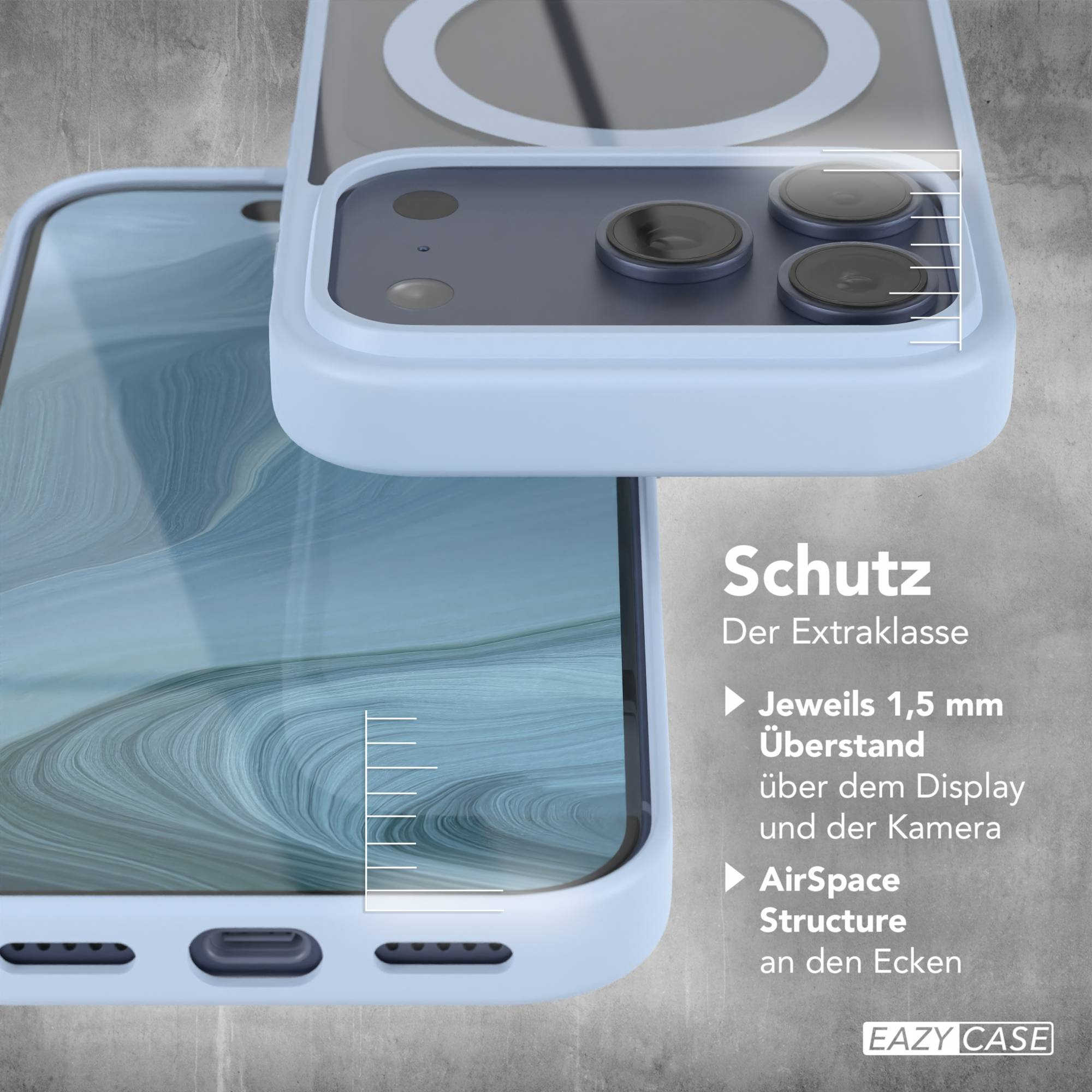 Ein Telefon und eine Hülle werden gezeigt. Die Hülle ist hellblau, mit einem Telefon darin. Text sagt 'Schutz' und 'EAZY CASE'.
