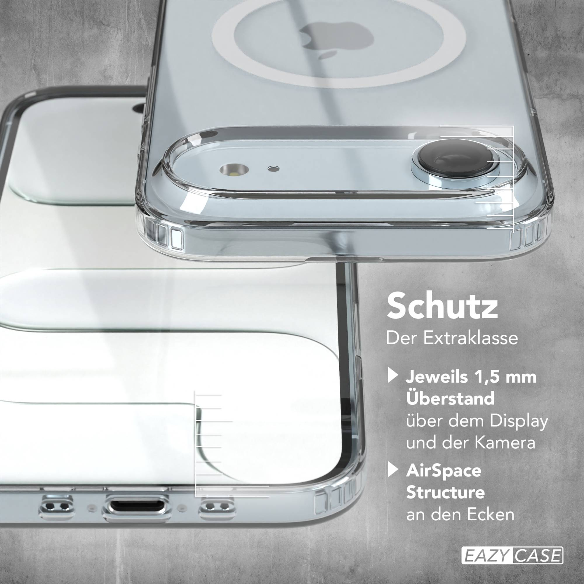 Eine transparente Handyhülle mit Apple-Logo, die den Kamerabereich und die Seiten zeigt. Es ist eine Schutzhülle.