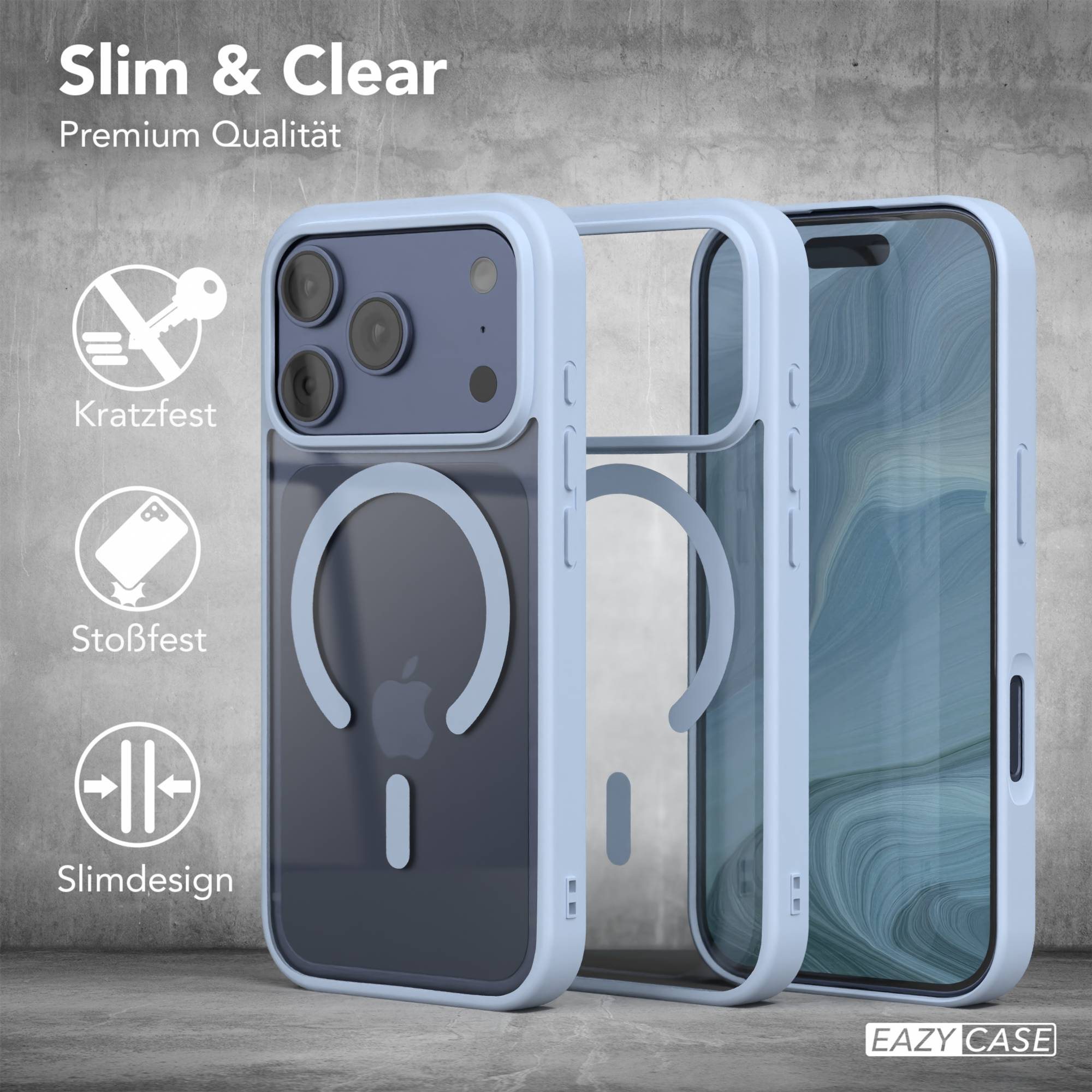 Drei hellblaue Handyhüllen auf grauer Oberfläche. Die Hüllen sind für ein iPhone. Auf der linken Seite steht: Slim & Clear.