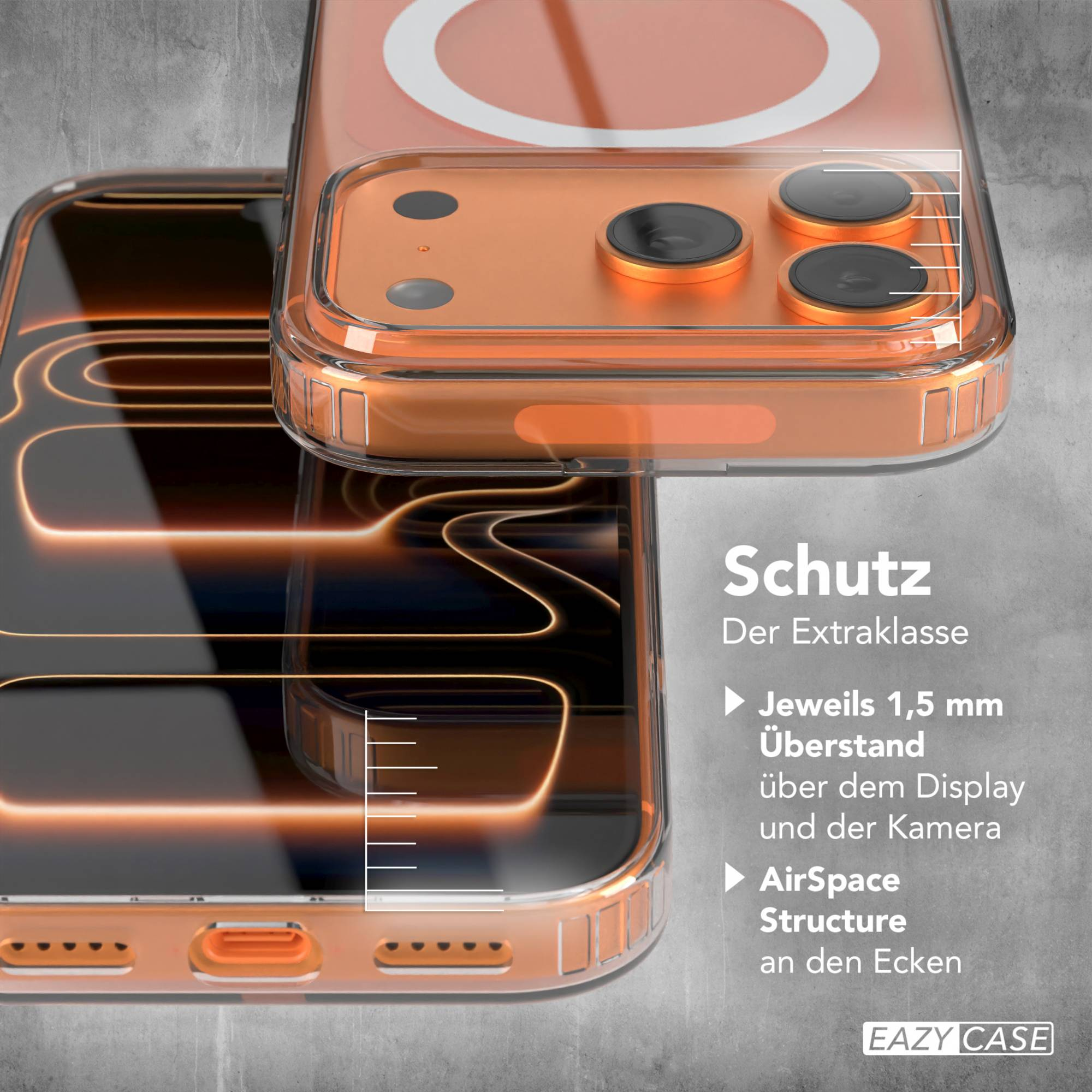 Transparente Handyhülle mit orangefarbenen Akzenten, die Kamera und Telefondesign zeigt. Text über Schutz und Design.