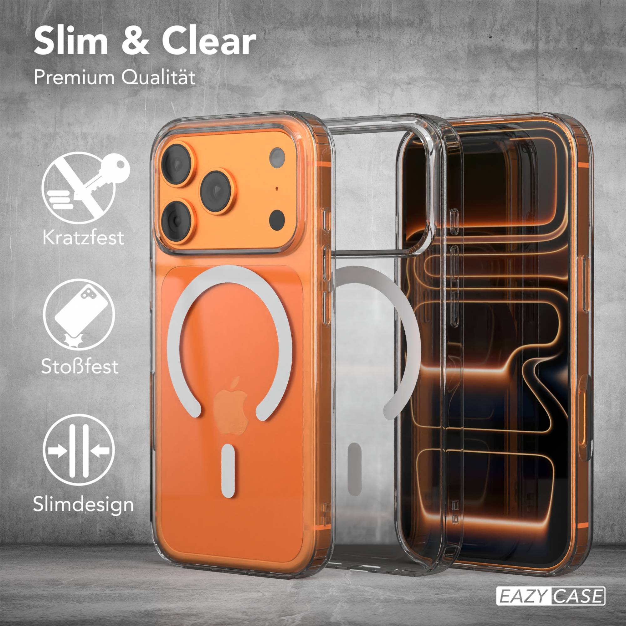 Transparente und orangefarbene Handyhülle. Die Hülle befindet sich auf grauem Hintergrund. Der Text lautet Slim & Clear und Premium Qualität.