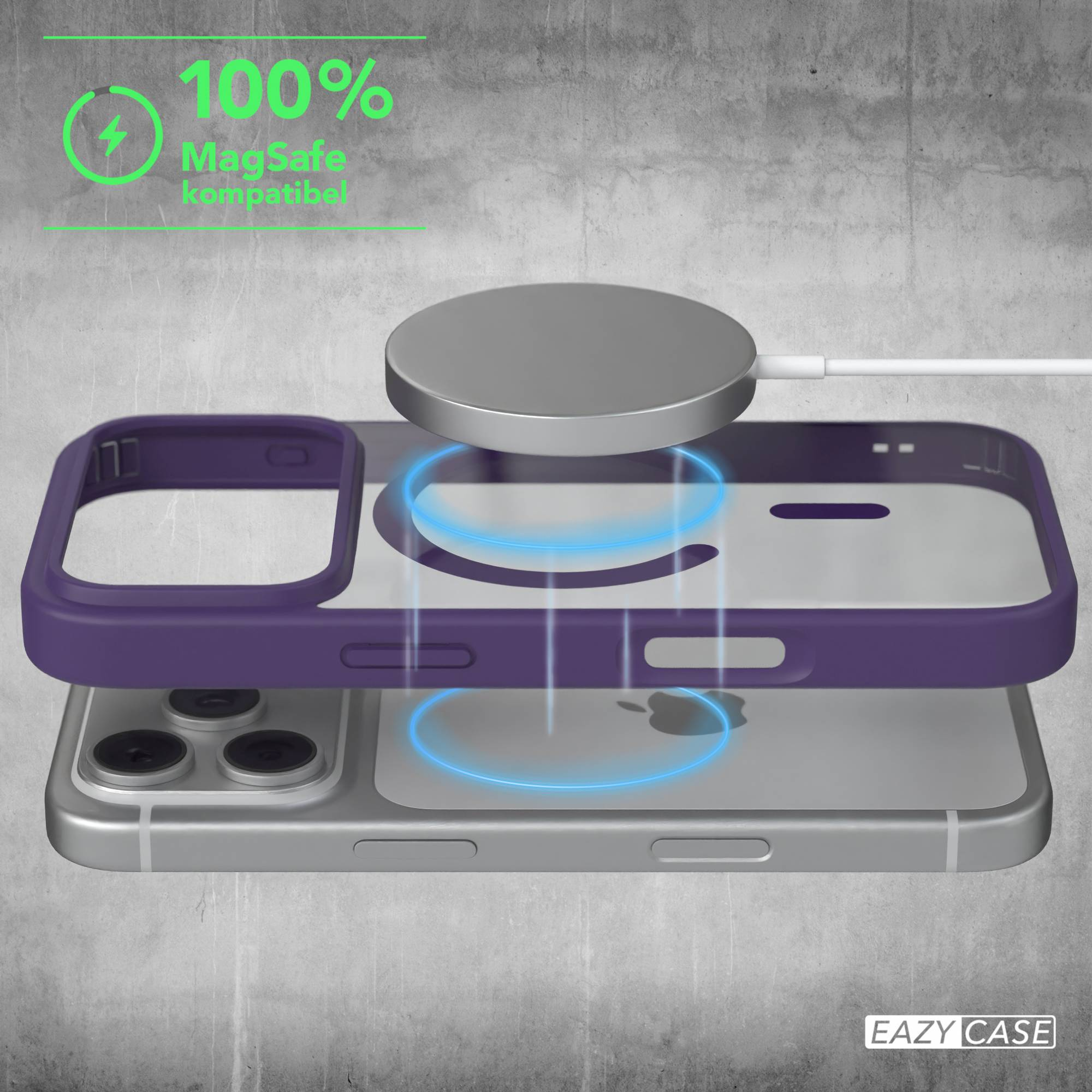 Ein Handycase wird kabellos geladen. Das Case ist lila und silber. Text zeigt 100% Ladung an.