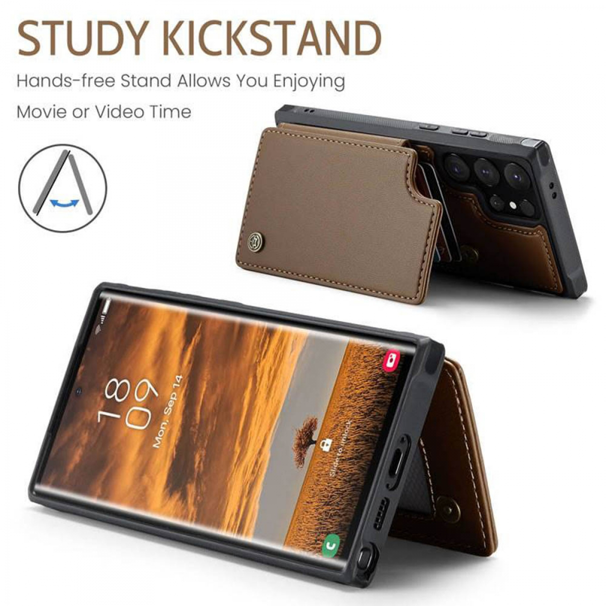 Eine Telefonhülle mit Ständerfunktion, die den Bildschirm des Telefons und eine braune Lederbrieftasche zeigt.