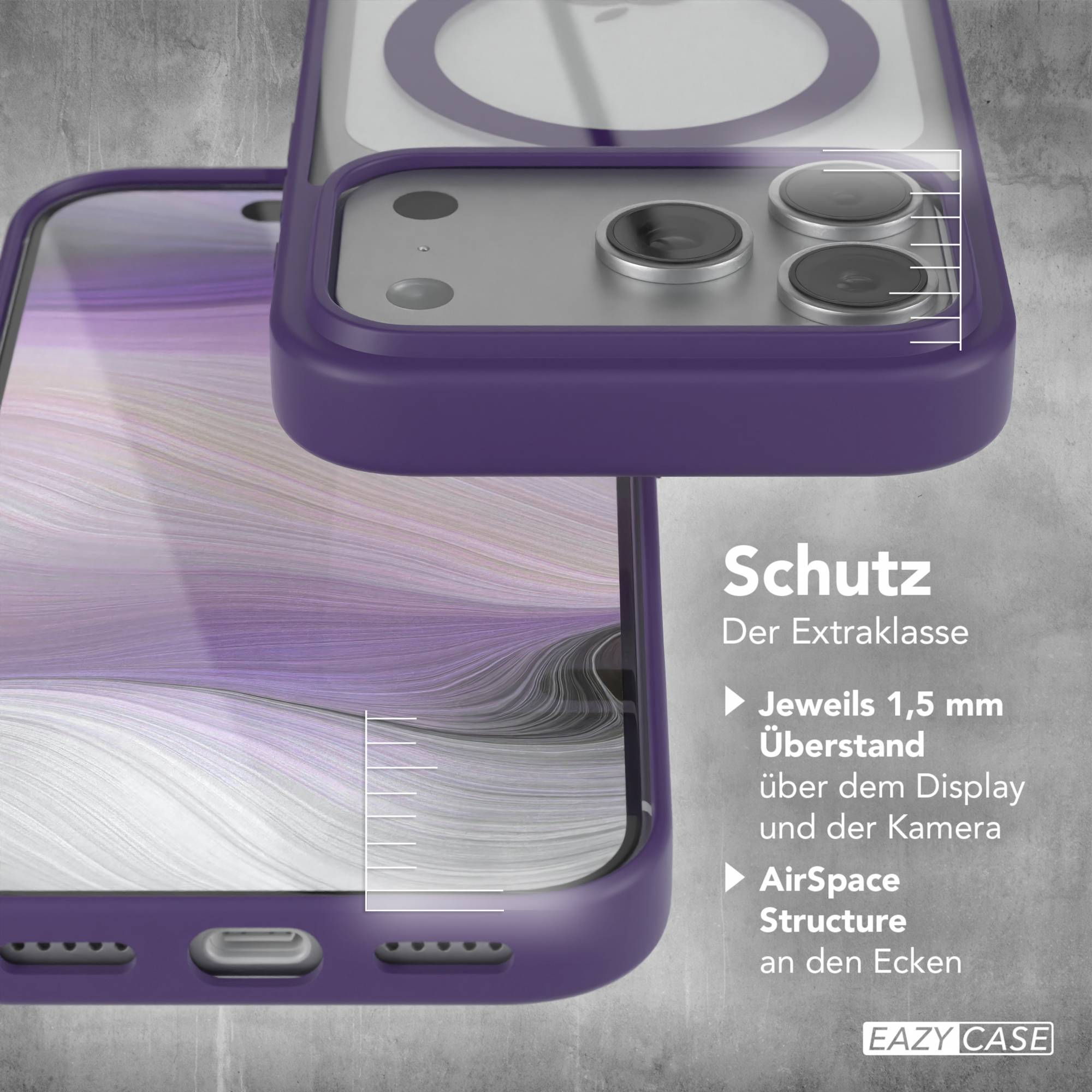 Eine lila Handyhülle mit einem Telefon darin. Text: Schutz, Extraklasse, 1,5 mm Überstand, AirSpace Structure, EAZY CASE.
