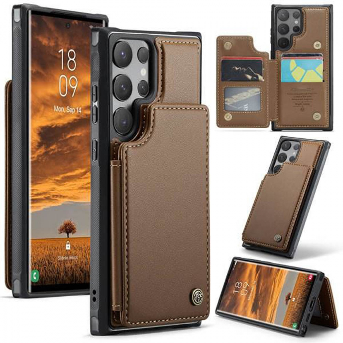 Telefon mit brauner Lederhülle, mehrere Winkel gezeigt. Die Hülle hat Kartenfächer und einen Ständer. Das Telefon zeigt eine Landschaft.