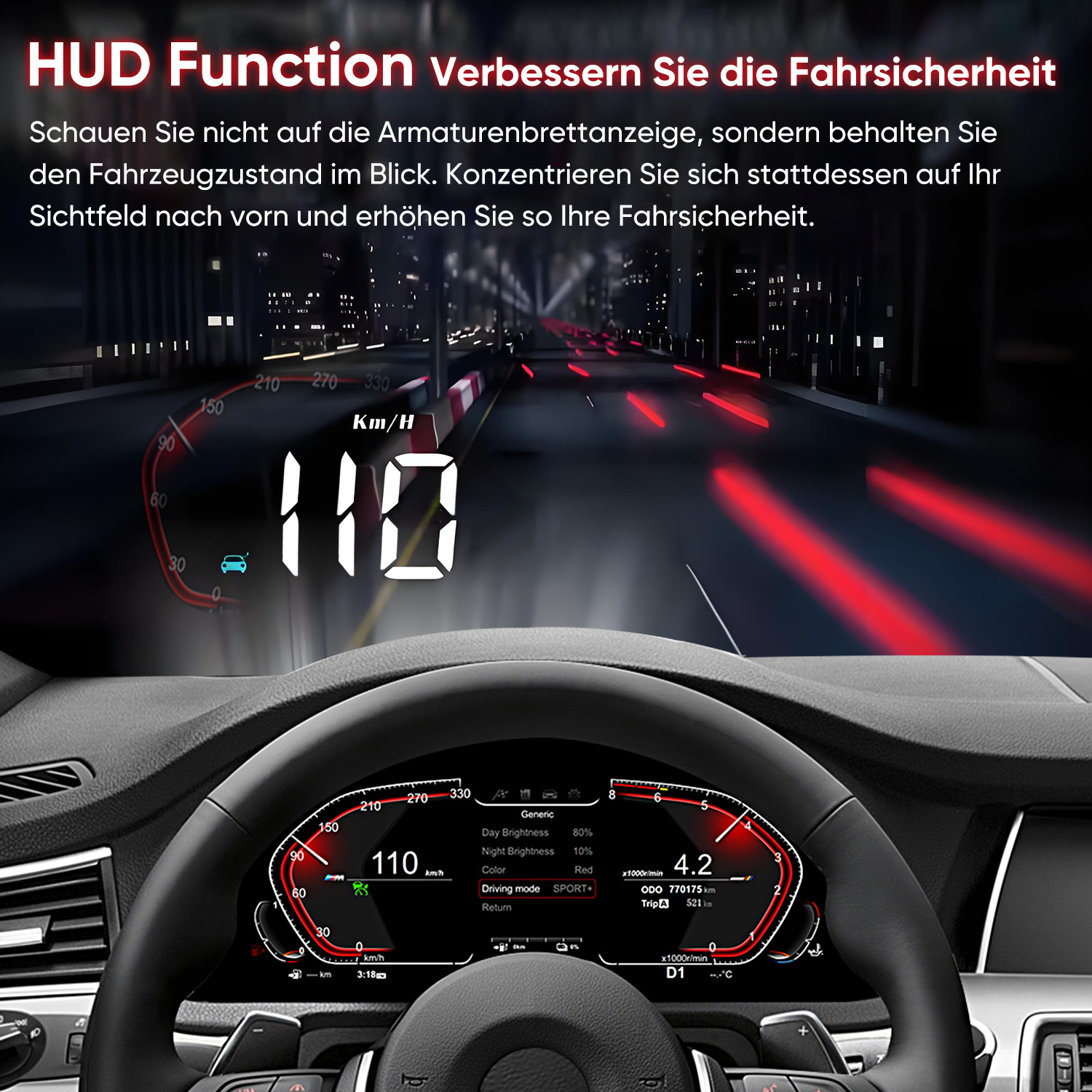 Armaturenbrett zeigt Geschwindigkeit, Fahrmodus und Daten. Das HUD zeigt 110 km/h mit rotem Hintergrund an.
