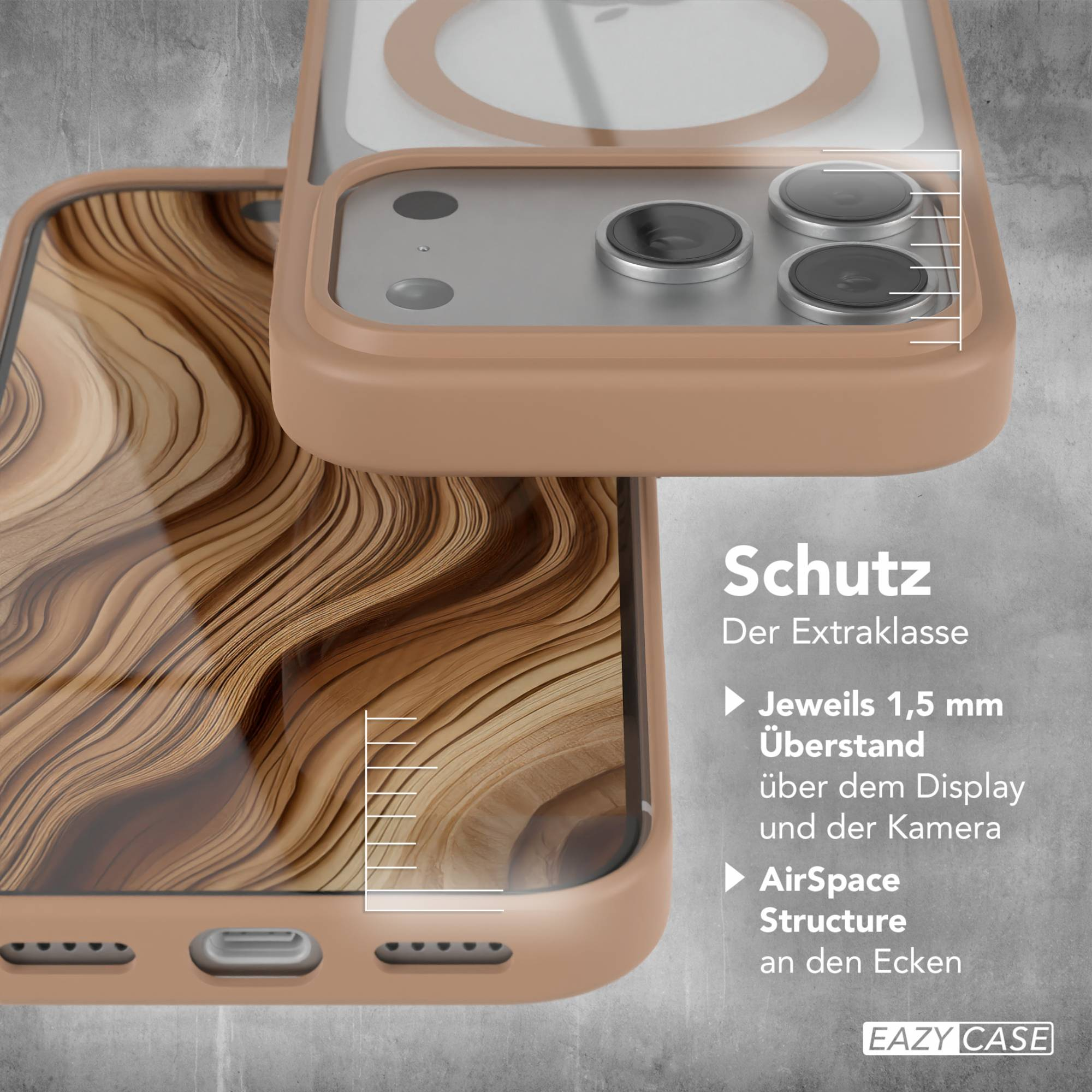 Handyhülle mit Holzmaserung. Die Hülle ist beige mit klarer Rückseite. Das Bild zeigt das Telefon und die Hülle.