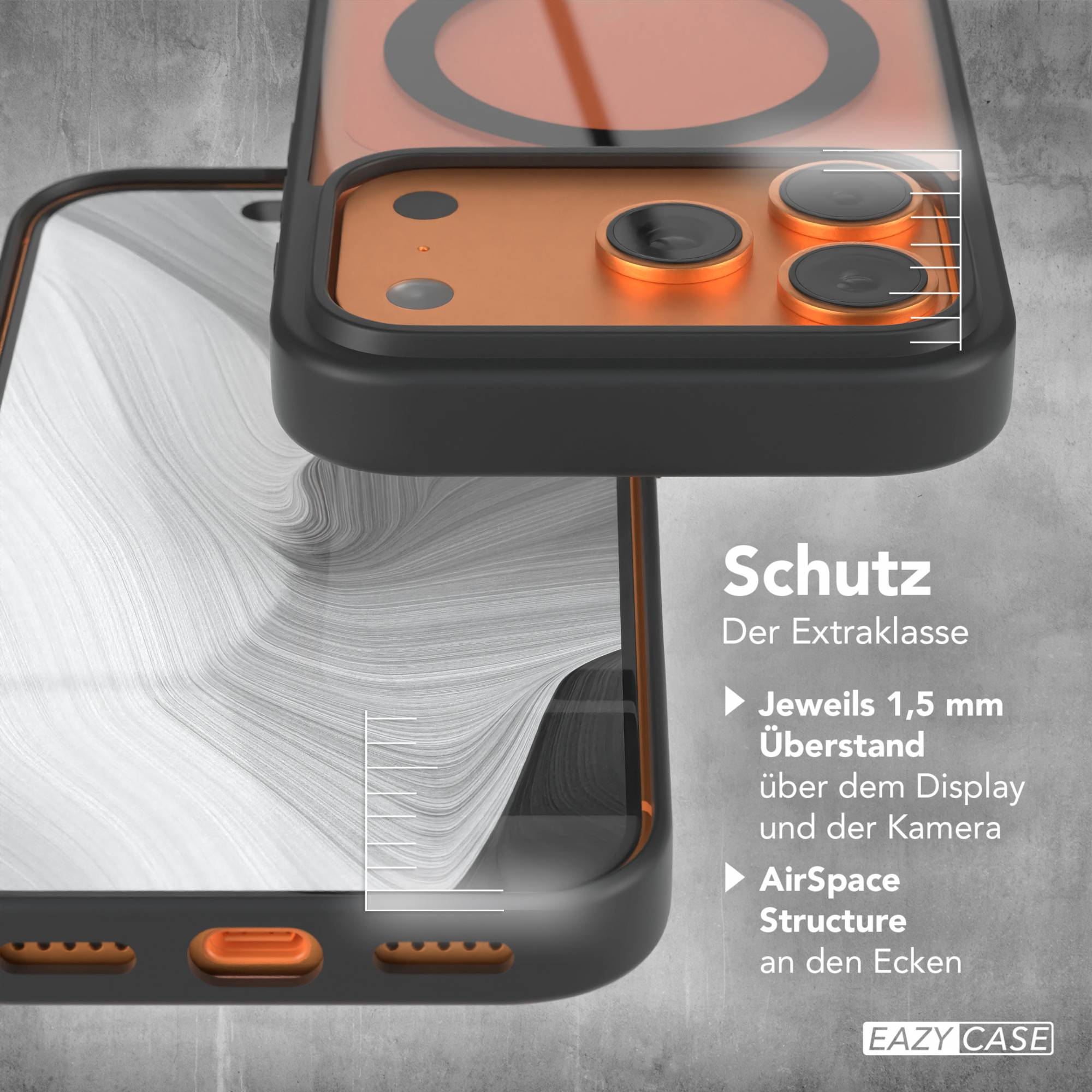 Gezeigte Handyhülle mit orangefarbenem Kamerabereich. Text auf grauem Hintergrund hebt die Eigenschaften hervor.
