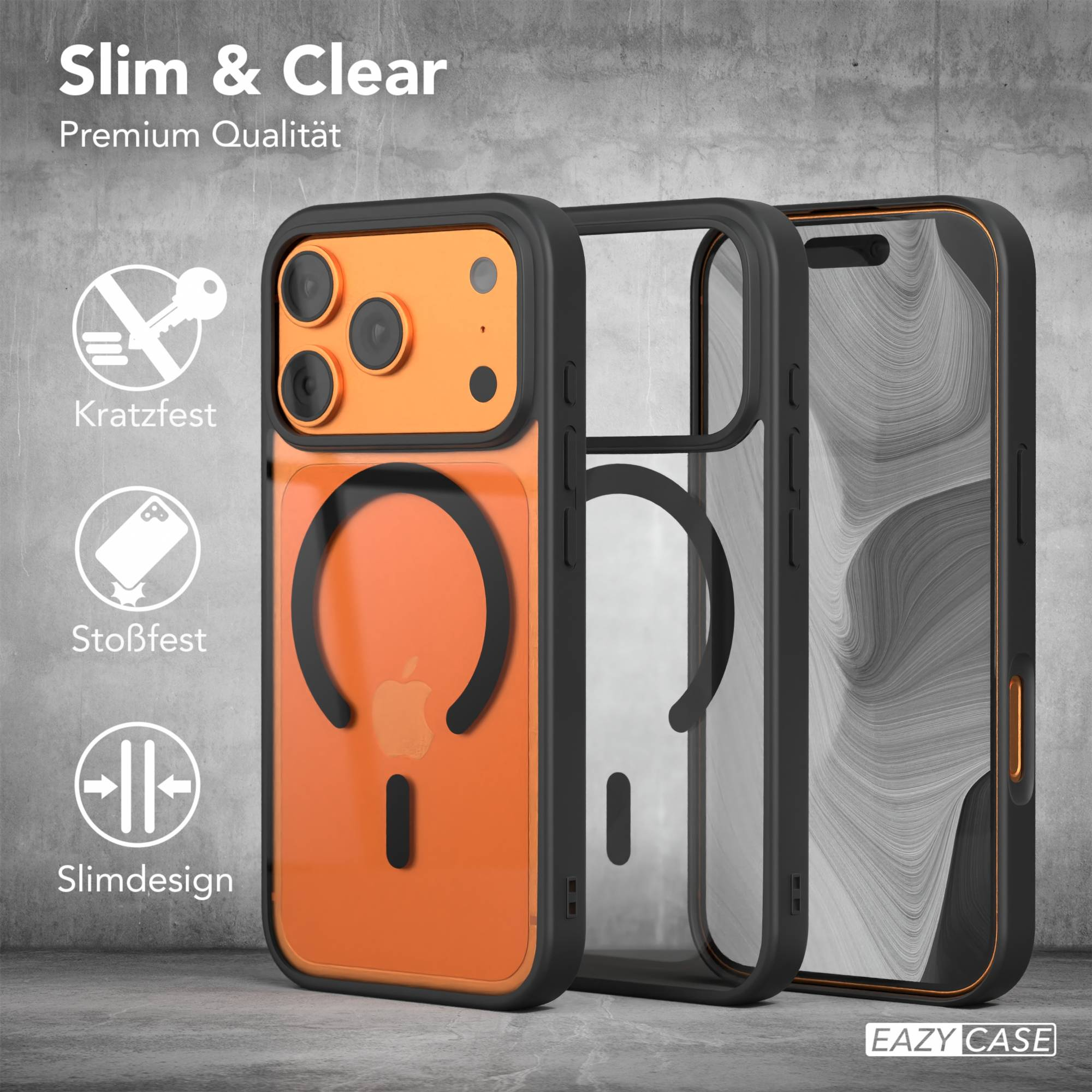 Telefonhüllen in Schwarz und Orange. Die orangefarbene Hülle hat ein Apple-Logo. Der Hintergrund ist eine graue Wand mit Text.