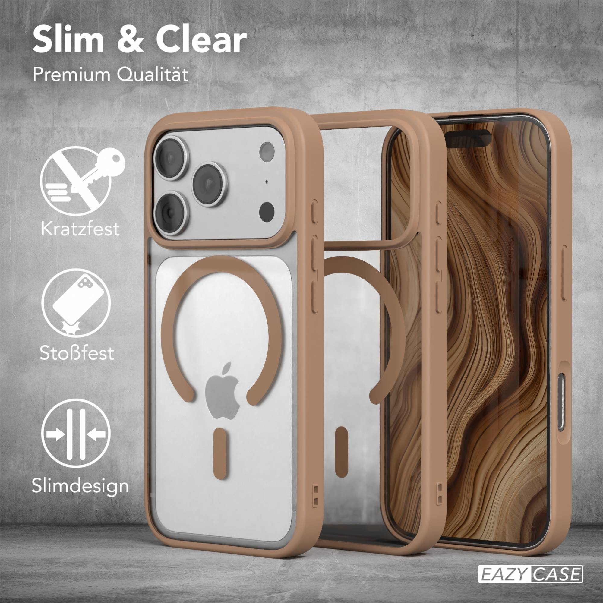 Drei Handyhüllen: brauner Rahmen, klare Rückseite. Eine mit Telefon, Apple-Logo sichtbar. Text: Slim & Clear, Premium Qualität.