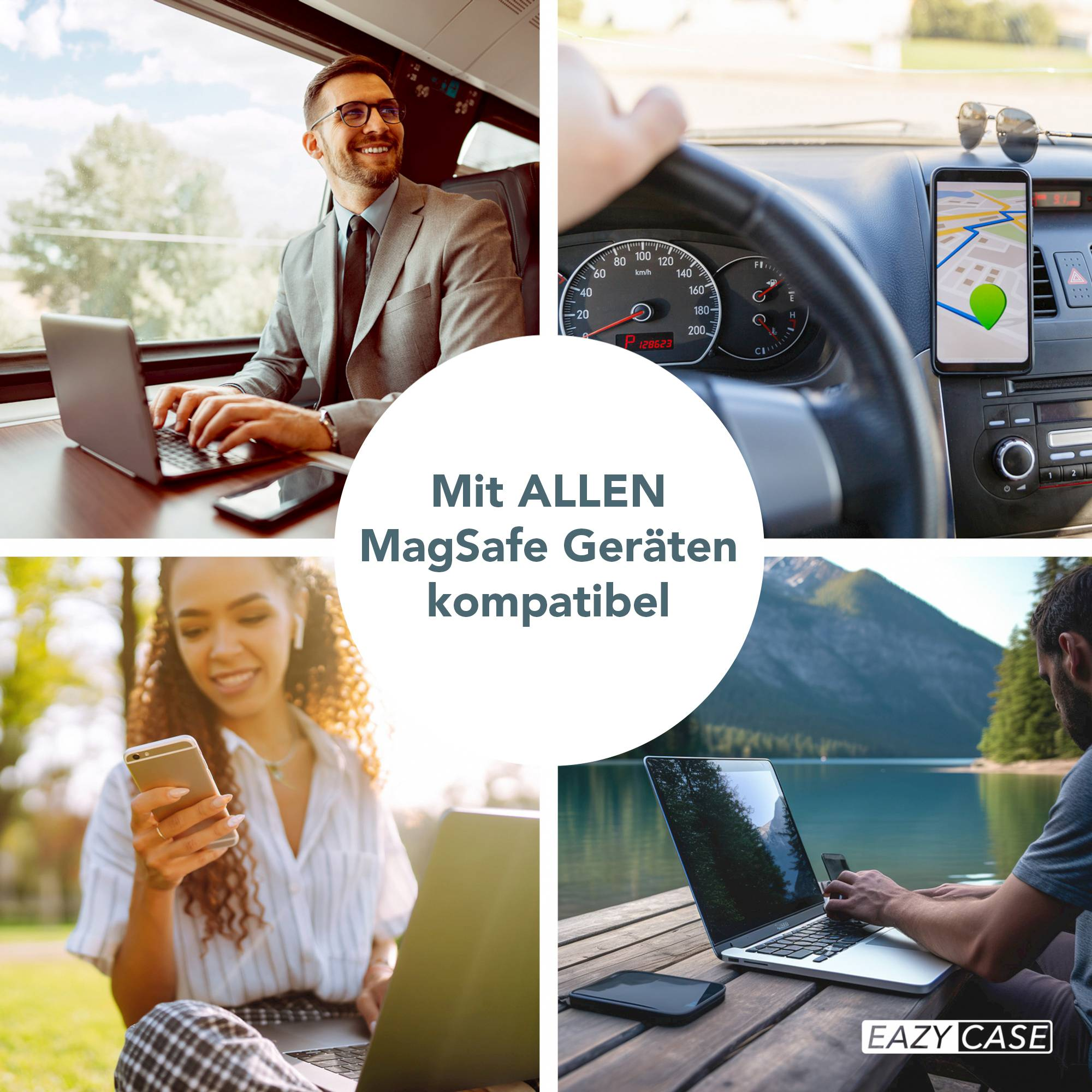 Collage von Personen, die Geräte verwenden: Laptop, Telefon und Autonavigation. Text: 'Mit ALLEN MagSafe Geräten kompatibel.'