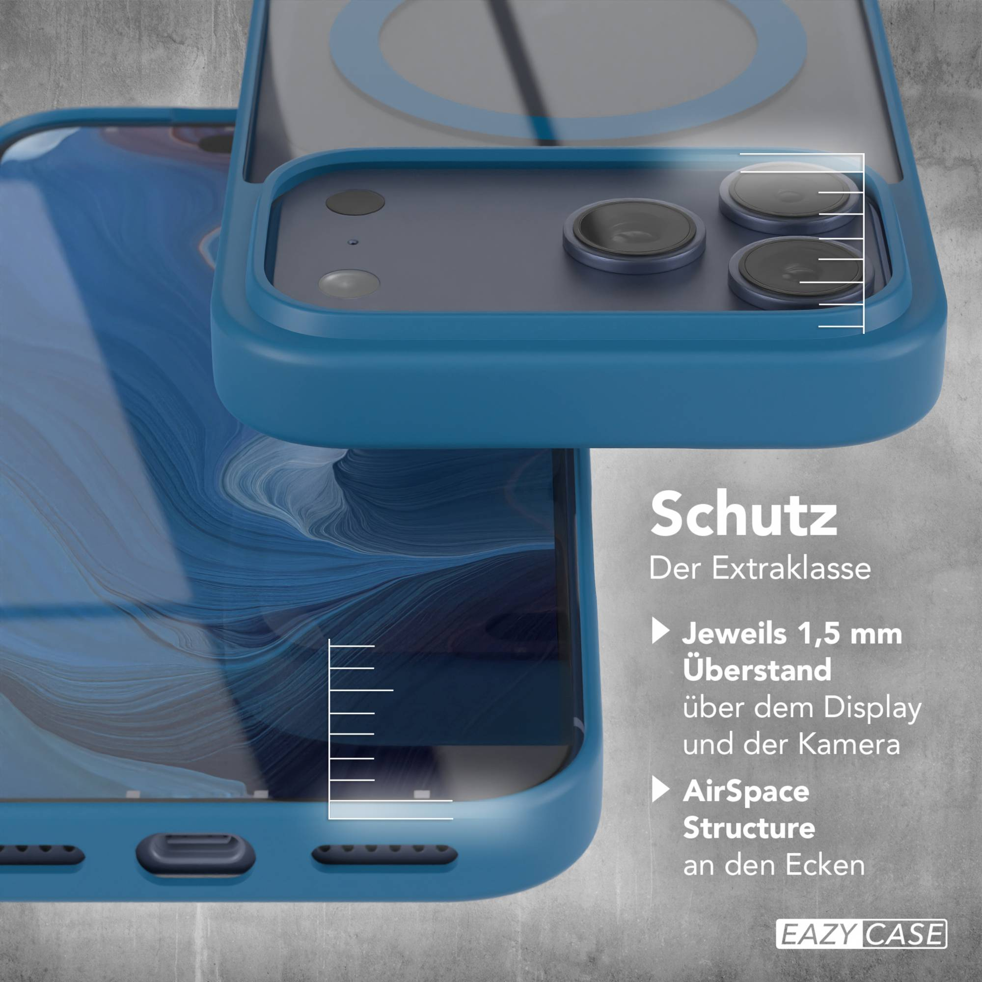 Blaue Handyhülle mit transparentem Oberteil, zeigt Kameralinsen. Text rechts: 'Schutz' und Eigenschaften.