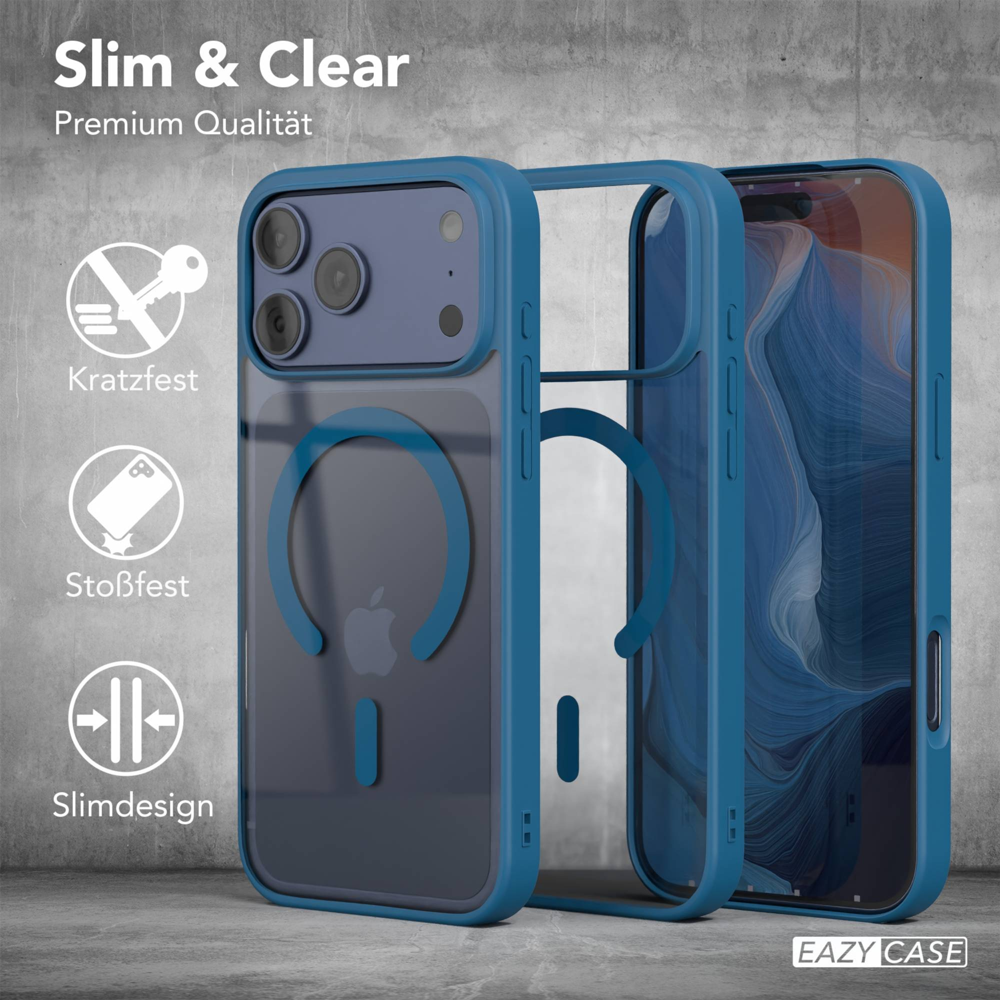 Auf dem Bild wird eine Handyhülle gezeigt, mit einem blauen Rahmen um das Telefon und einige Symbole auf der linken Seite.