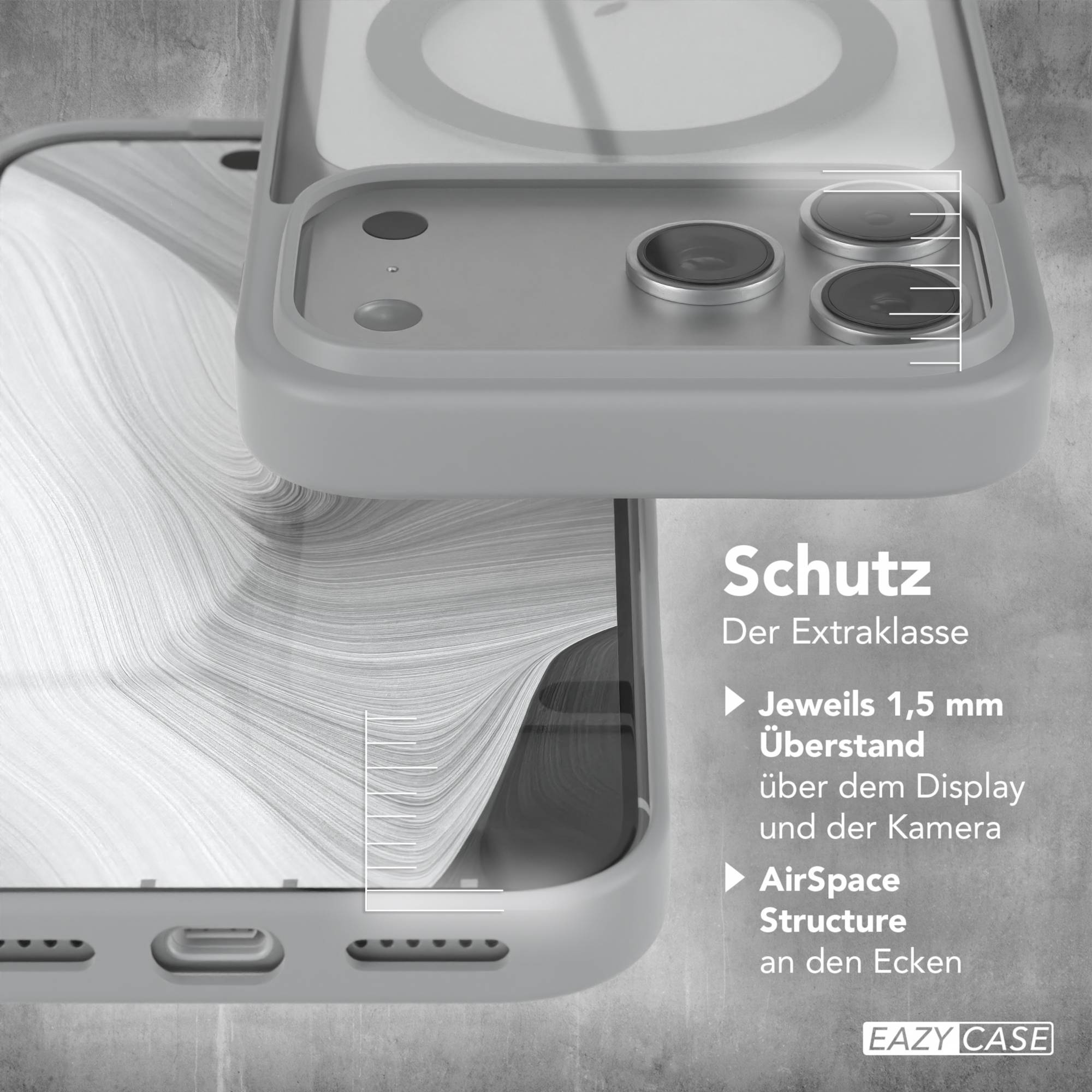 Gezeigte Handyhülle, mit Kamera- und Bildschirmdetails. Die Hülle ist grau mit grauem Hintergrund und etwas Text.