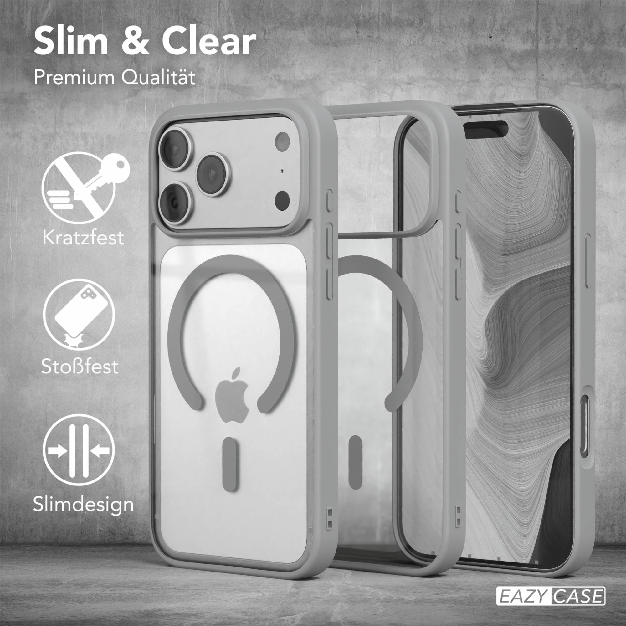 Transparente Handyhülle und Telefon, Schutzelemente beschriftet. Text: Slim & Clear, Premium Qualität, Eazy Case.