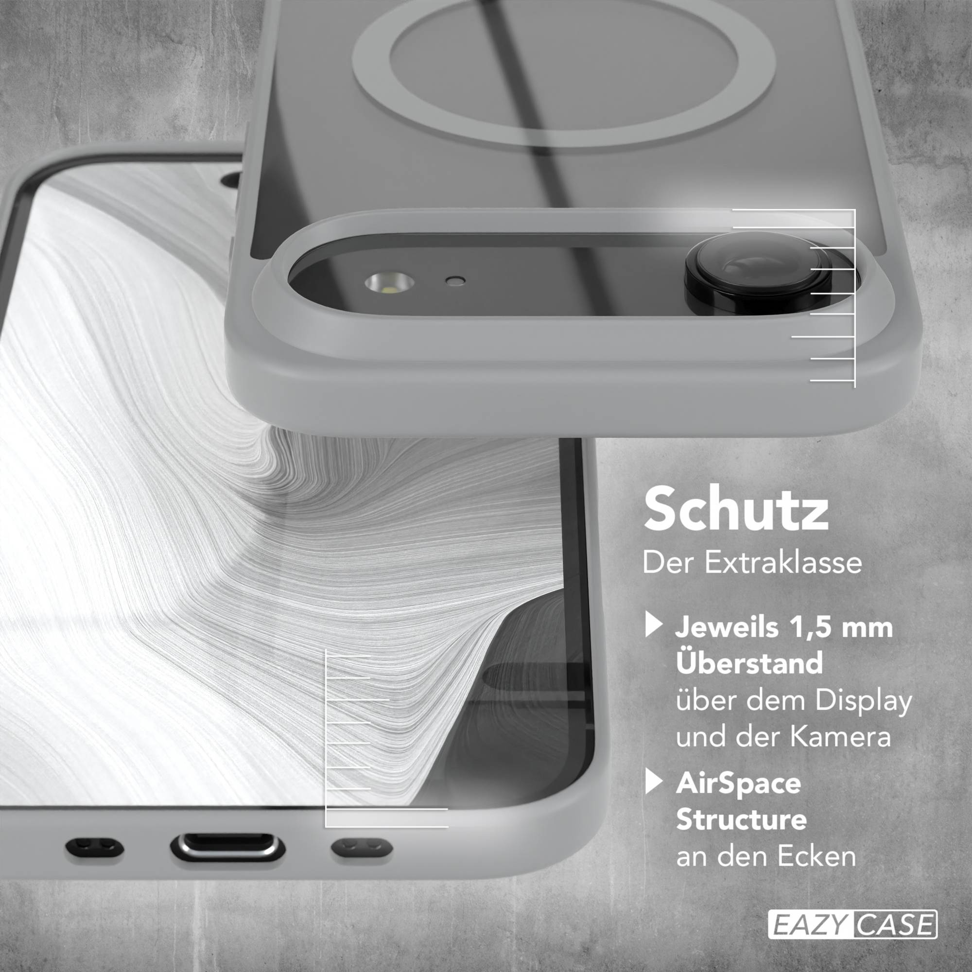Gezeigte Handyhülle, mit Text, der Merkmale wie 1,5 mm Displayschutz und AirSpace-Struktur beschreibt.
