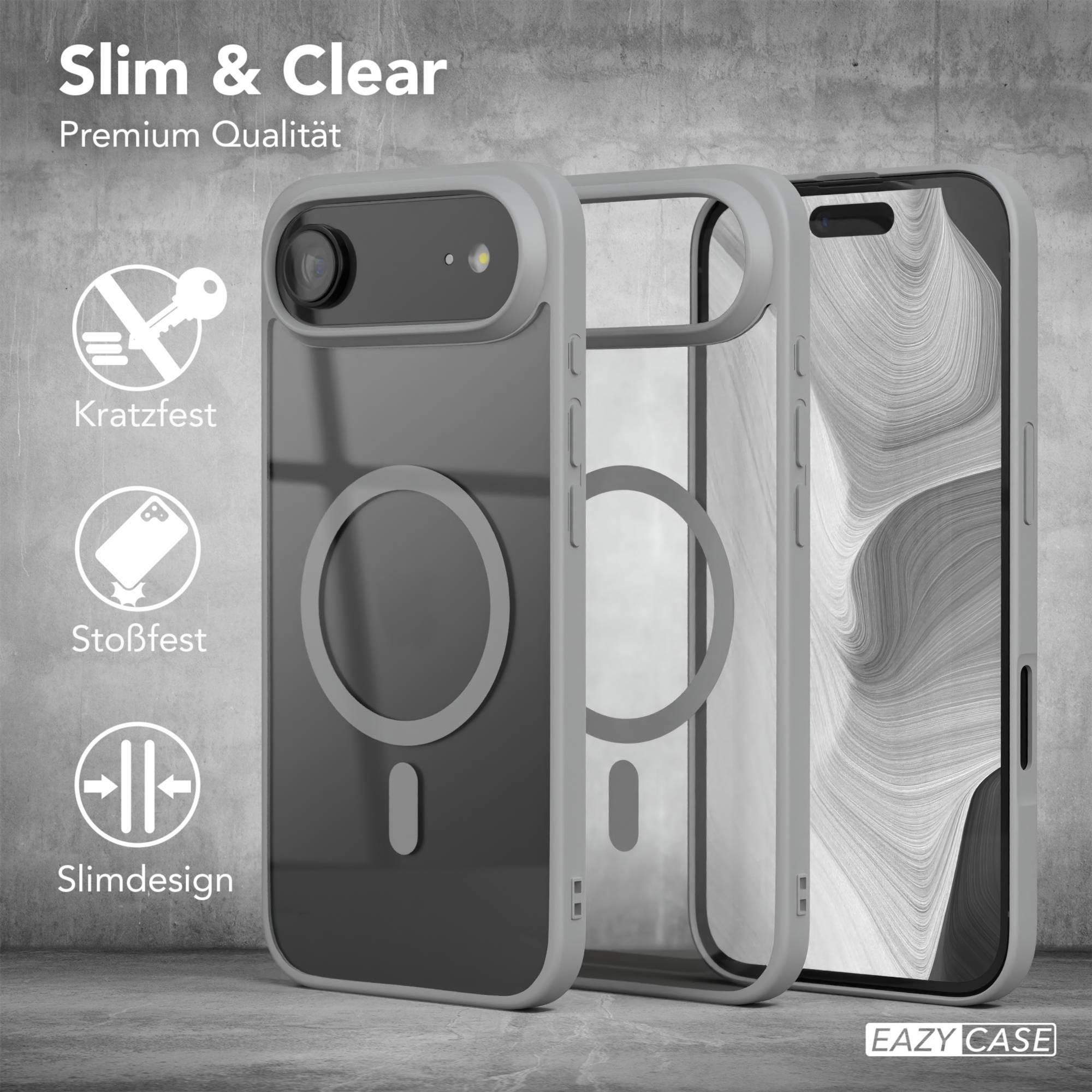 Handyhülle, grauer Rahmen, klare Rückseite, Telefon innen. Text 'Slim & Clear'. Schutzsymbole. EAZY CASE Logo.