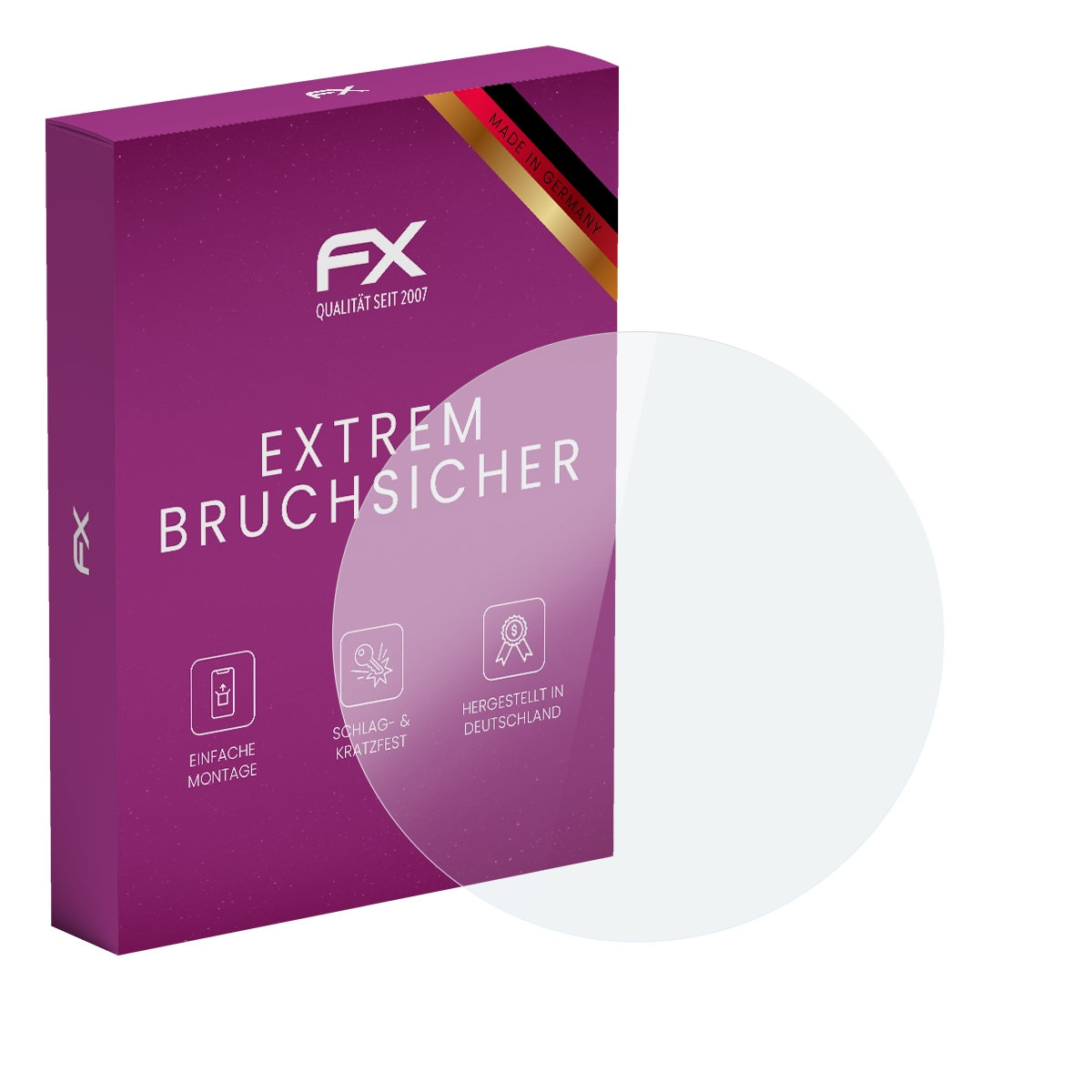 Eine lila Box mit Displayschutzfolie. Text sagt 'EXTREM BRUCHSICHER'. Es hat Symbole für einfache Montage, Kratzfestigkeit und Made in Germany.