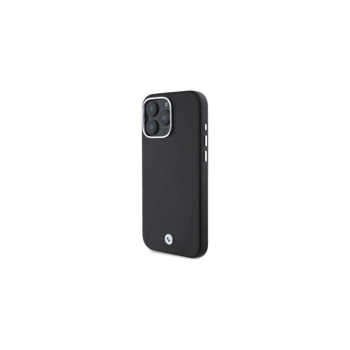 Una custodia nera per telefono con ritaglio per fotocamera, pulsanti e logo, su sfondo bianco.