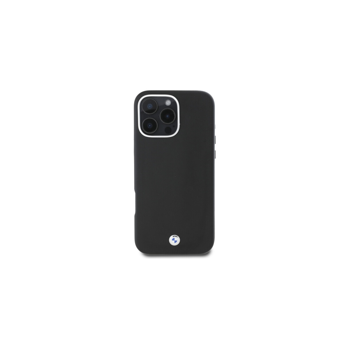 Una custodia nera per telefono con un anello bianco per la fotocamera, su sfondo bianco. La custodia ha un logo in basso.