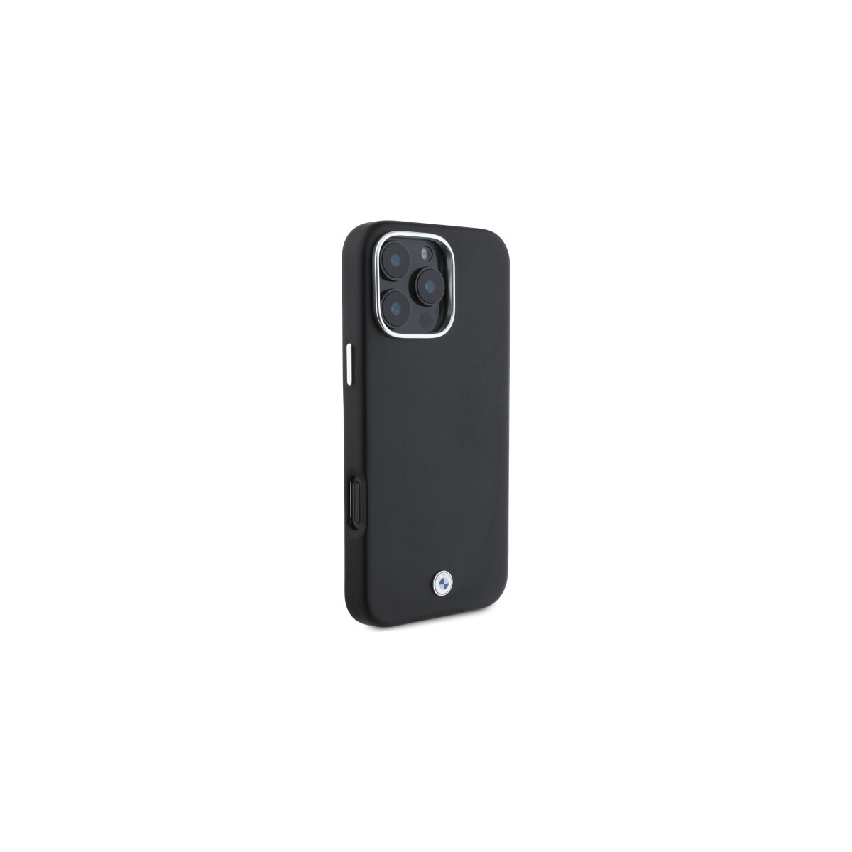 Una custodia nera per telefono con ritaglio per fotocamera a tre lenti. Su sfondo bianco, lato con bottoni e logo.