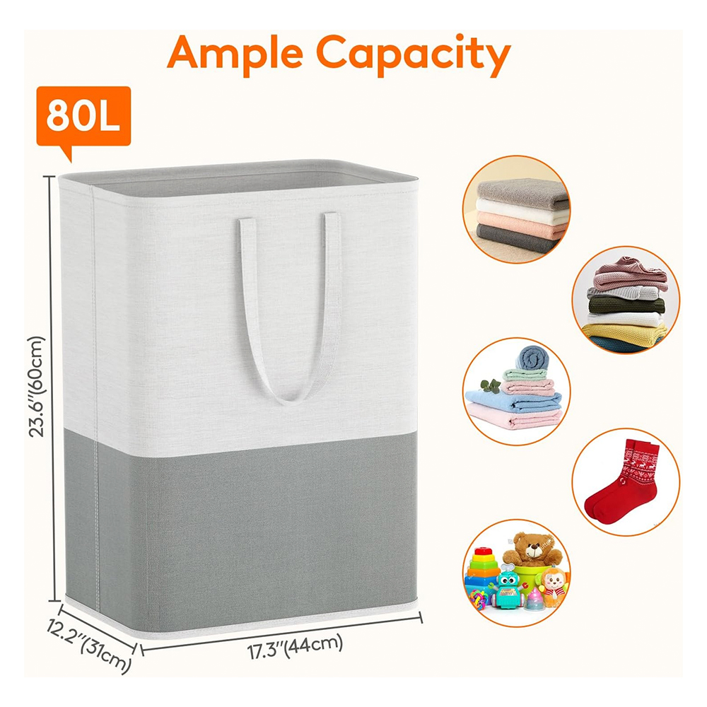 Una cesta de lavandería con capacidad de 80L, de dos tonos gris y blanco. Se muestran las dimensiones. Imágenes adicionales muestran toallas, calcetines y juguetes.
