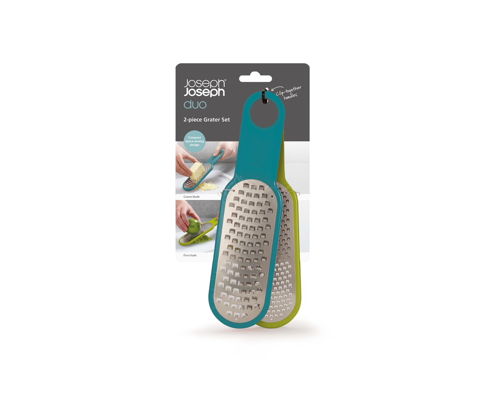 Un set di grattugie Joseph Joseph Duo da 2 pezzi. Una grattugia è verde acqua, l'altra verde. La confezione mostra esempi di utilizzo.