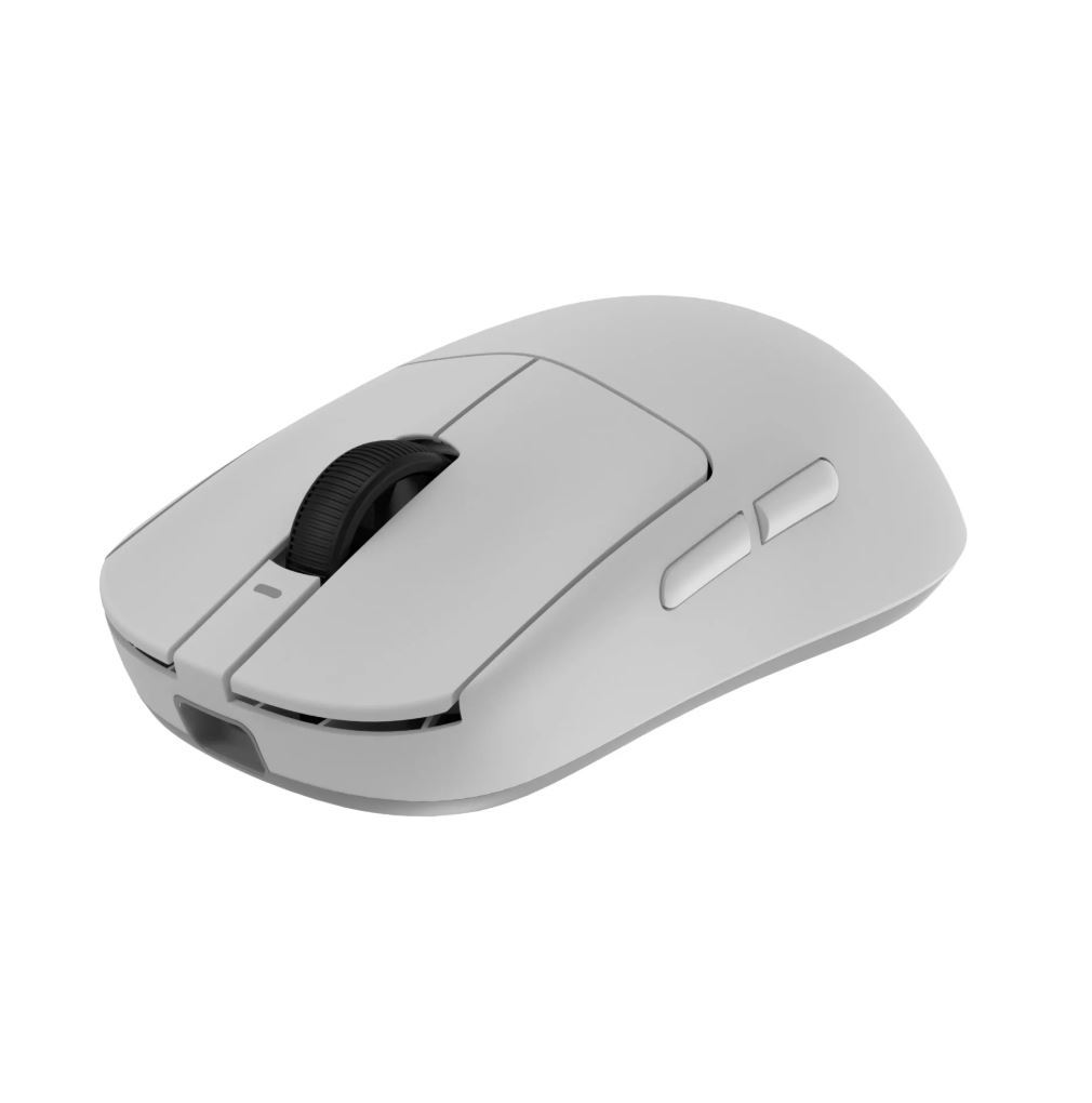 Een witte draadloze computermuis. Het heeft een zwart scrollwiel en twee zijknoppen. De muis staat op een witte achtergrond.