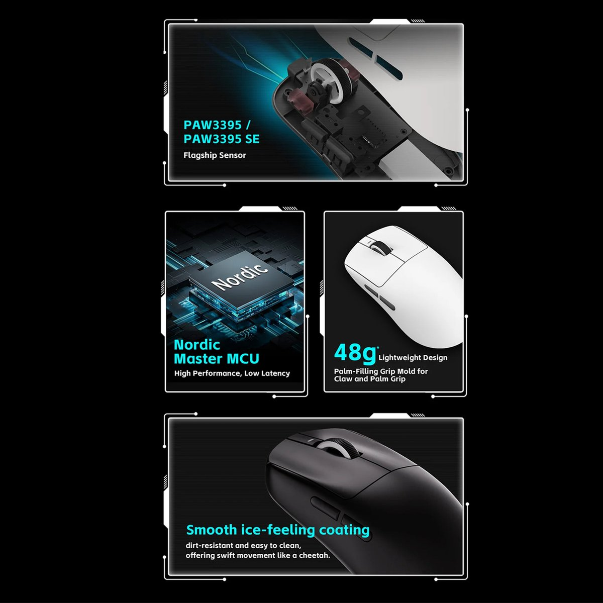 Afbeelding toont een gamingmuis met functies: PAW3395-sensor, Nordic MCU, lichtgewicht ontwerp en gladde coating.