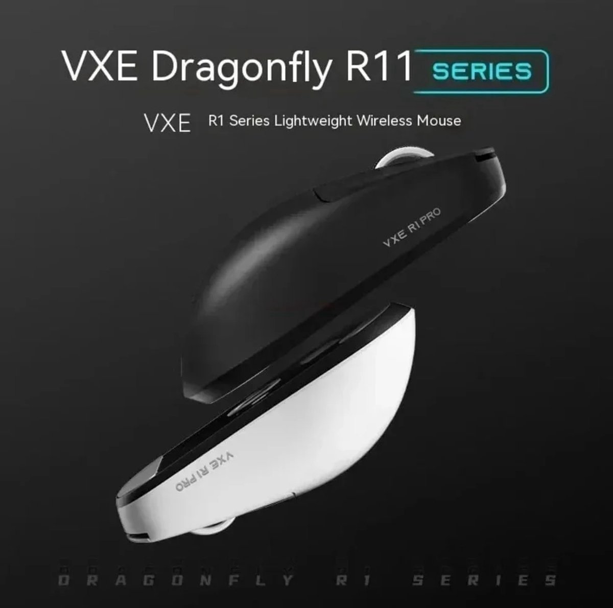 A black and white wireless mouse is displayed. It's the VXE Dragonfly R11 Series with the words VXE R1 PRO on it.