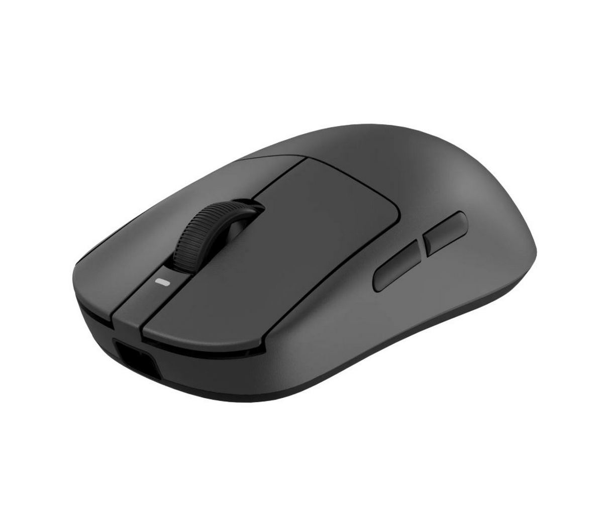 Een donkergrijze computermuis met een scrollwiel, twee zijknoppen en twee hoofdknoppen, geïsoleerd op een witte achtergrond.