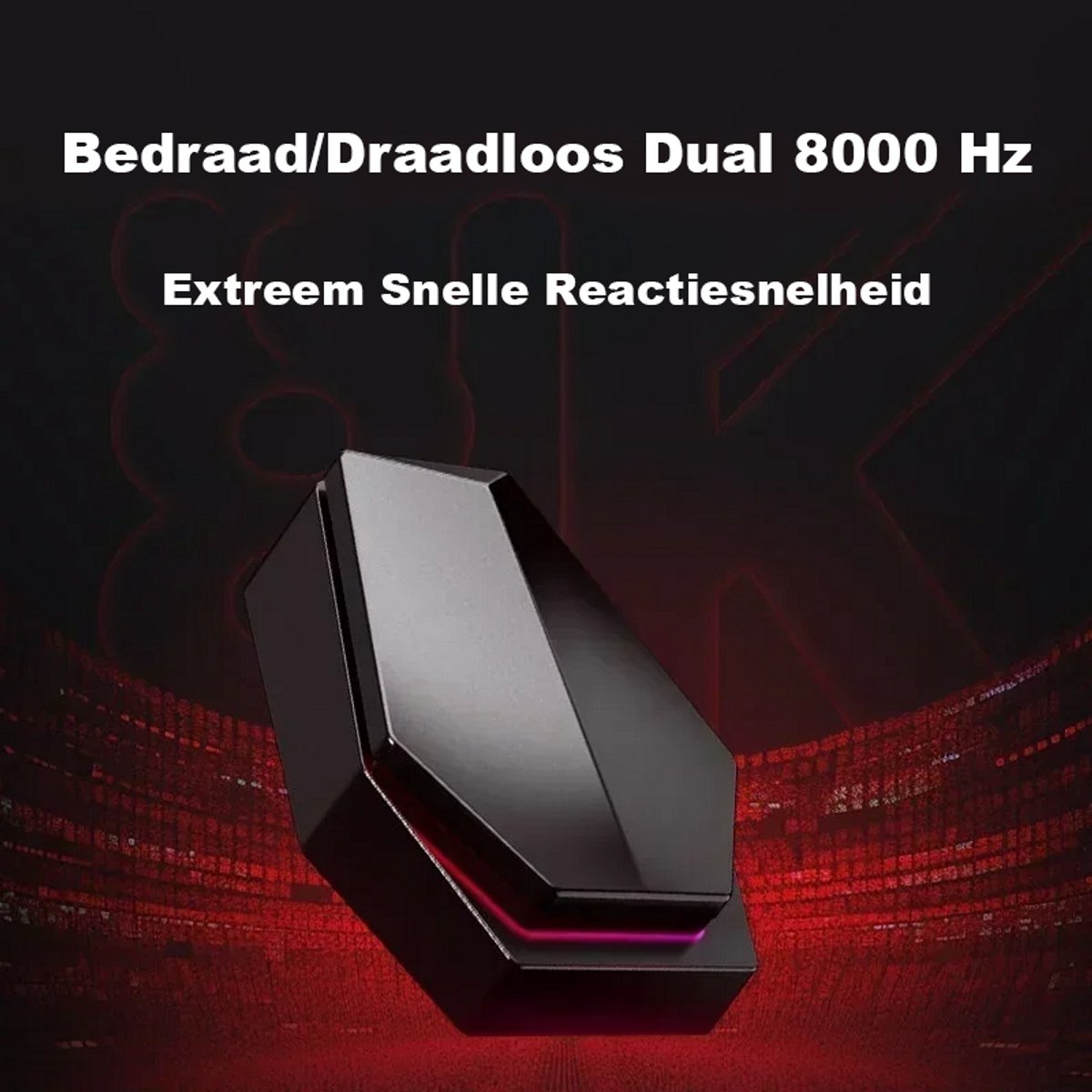 Dispositivo negro angular con texto 'Bedraad/Draadloos Dual 8000 Hz' y 'Extreem Snelle Reactiesnelheid' sobre fondo rojo.
