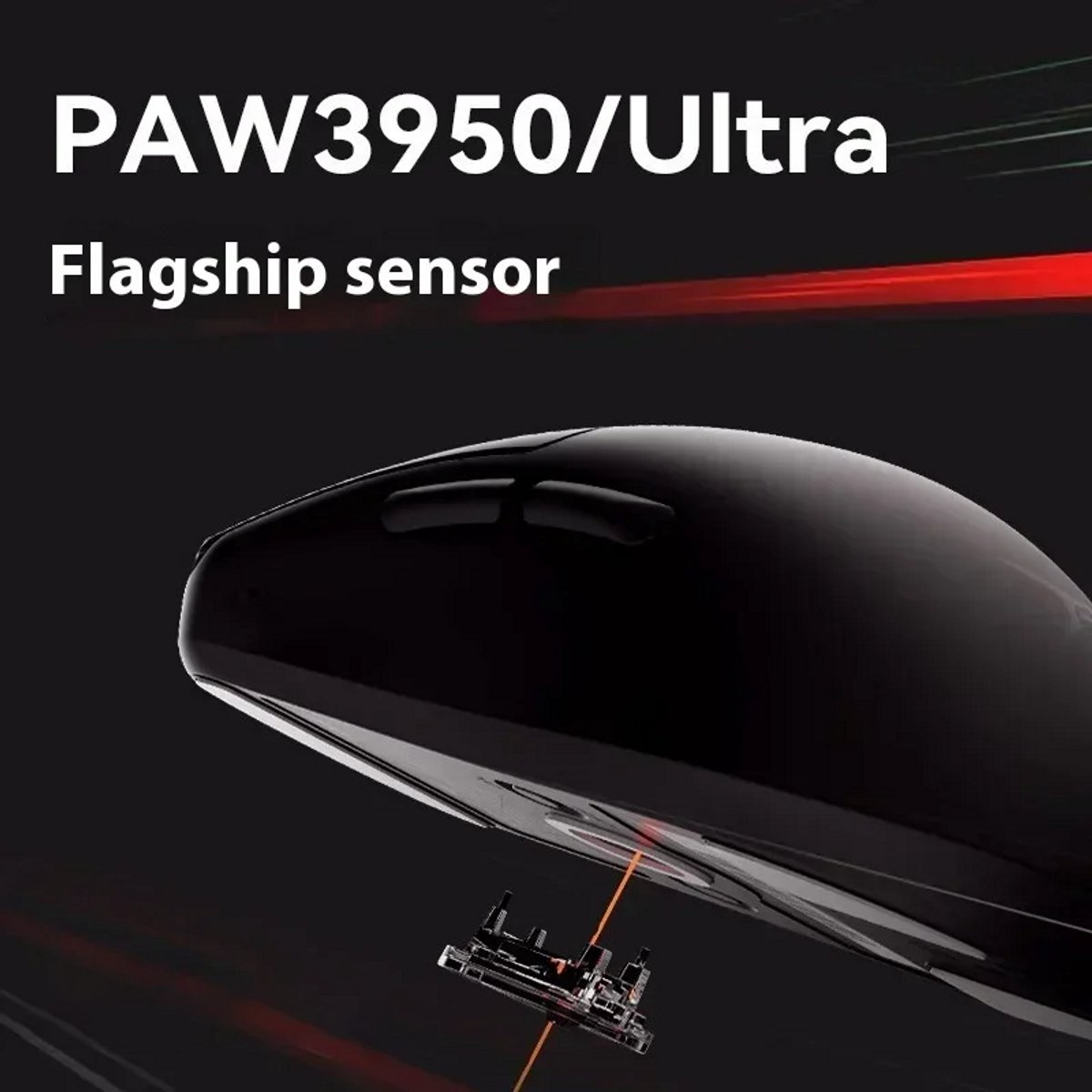 Objeto negro similar a un ratón con texto 'PAW3950/Ultra Flagship sensor'. Un componente más pequeño debajo, con líneas rojas.