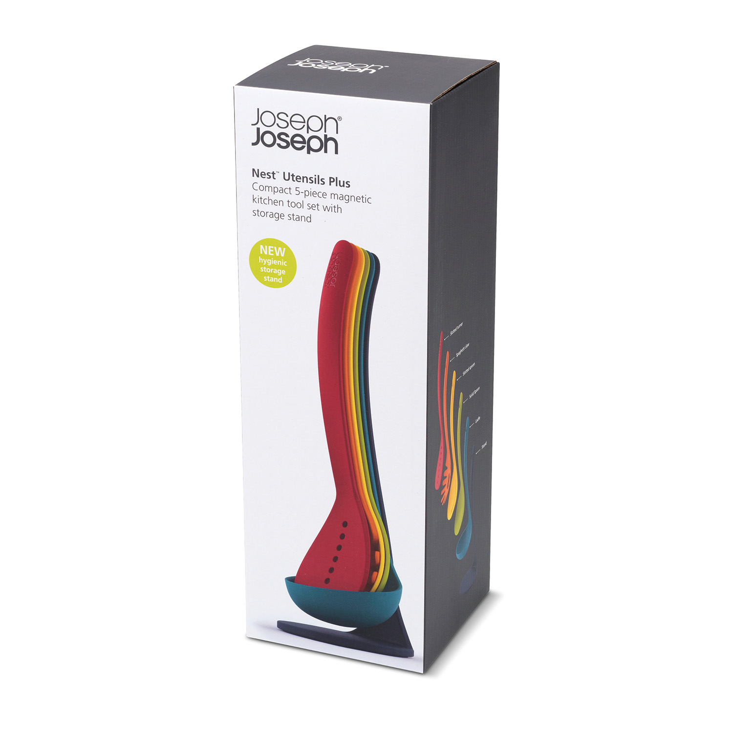 Una caja con Joseph Joseph Nest Utensils Plus. Se ven utensilios de cocina coloridos. La caja es blanca con texto y un logotipo.