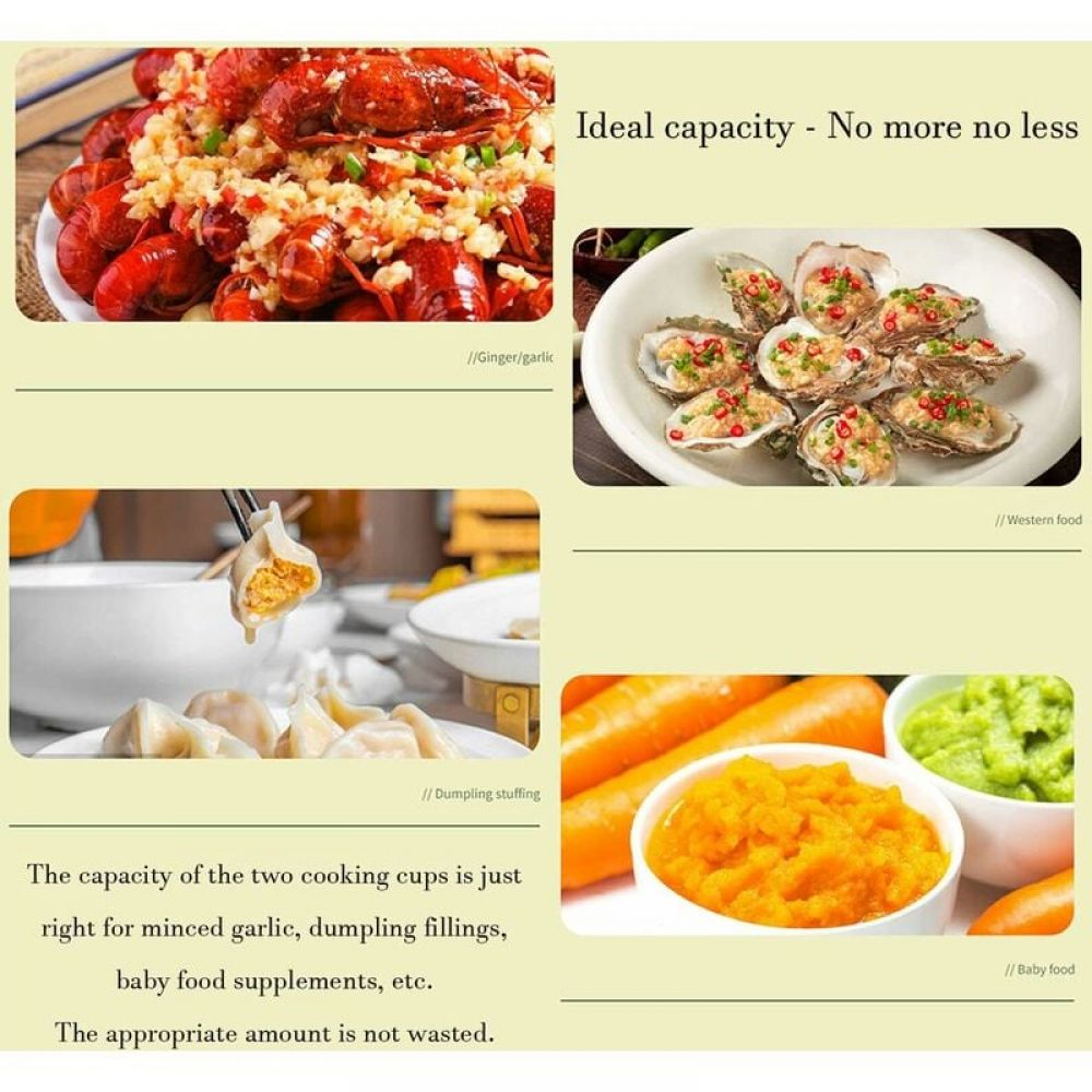 Das Bild zeigt verschiedene Lebensmittel: Krebse mit Knoblauch, Austern, Knödel, pürierte Karotten und Erbsen. Der Text lautet: „Ideale Kapazität – nicht mehr, nicht weniger“.